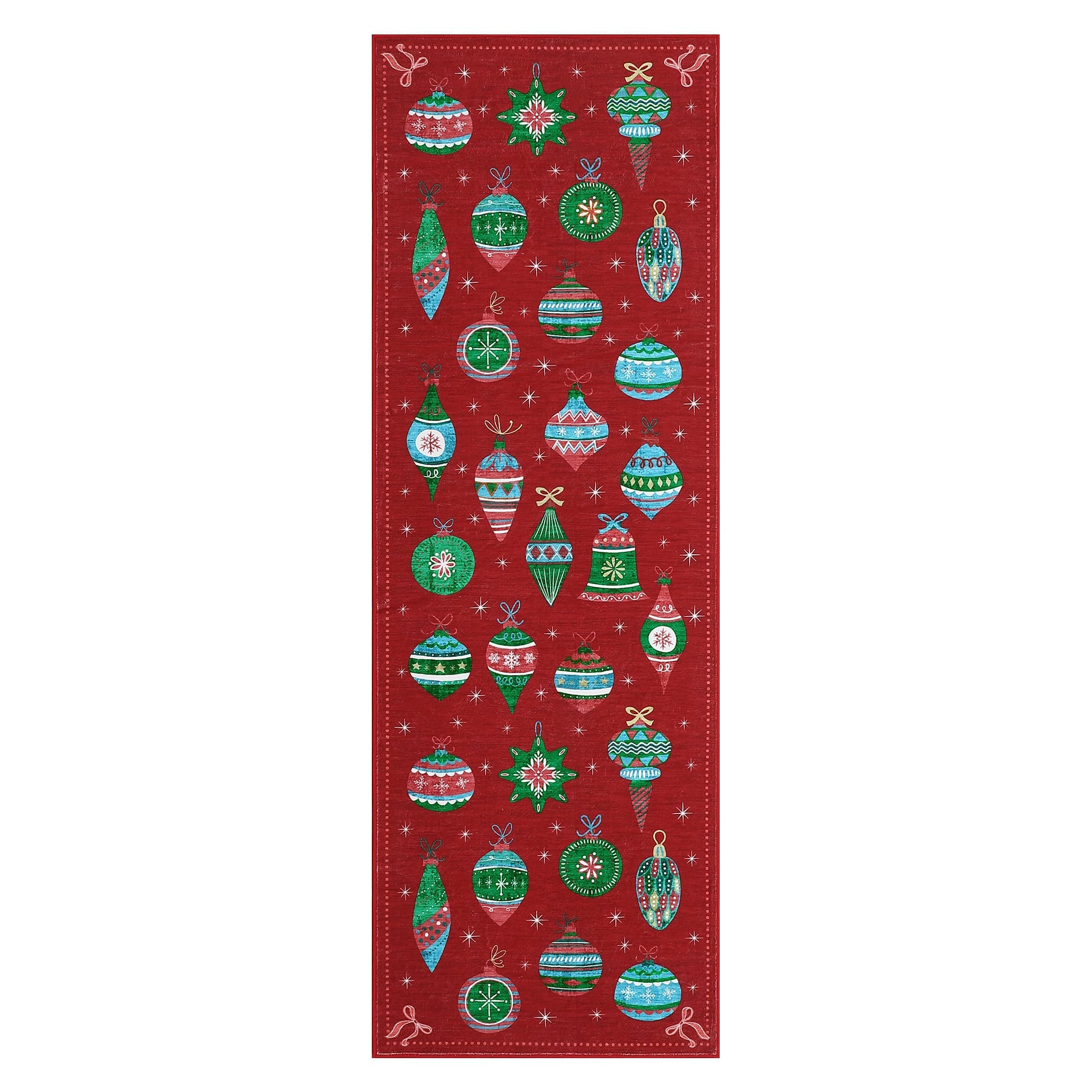 Qeetex SUNNY-PHK-35RUYCG3 2 x 6 ft Red Christmas Entryway Kitchen Bedside Christmas Ornaments Print Modern Machine Washable Polyester Rectangular Indoor Runner Rug