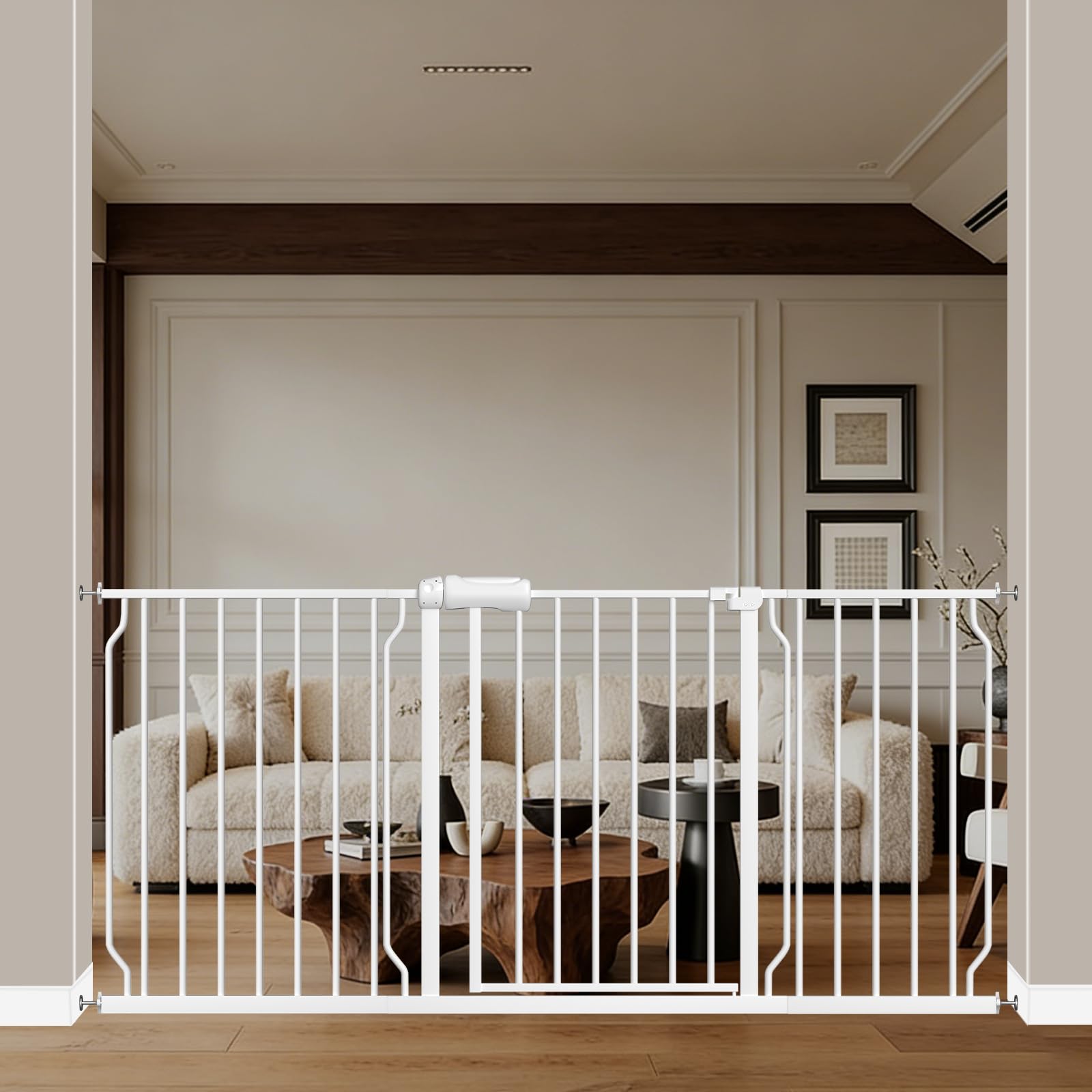 Anqtovp  Extra Wide White Metal Pressure Mounted Baby Gate 62.19 to 66.88 Inch Walk Through Auto Close Safety Gate for Kids and Pets 1 Piece