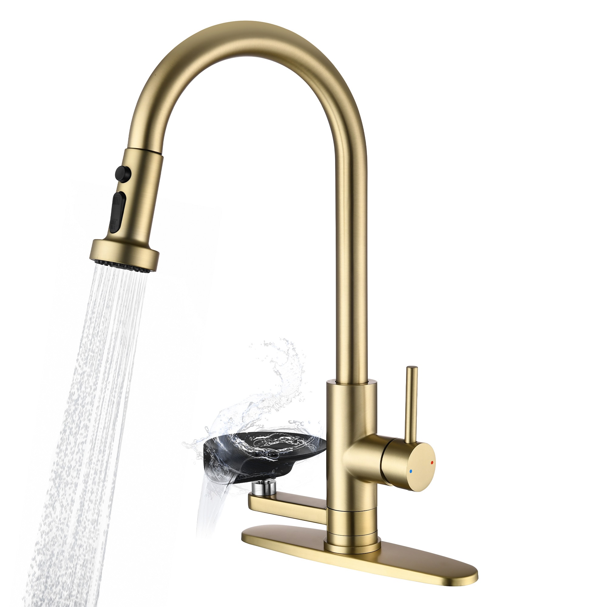 Huluwat 3-in-1 Kitchen Faucet with Press-Type Glass Rinser Universal for 1 and 3 Holes High-Arc Pull-Down Sprayer with 3 Function Spray Mode Brushed Gold Finish