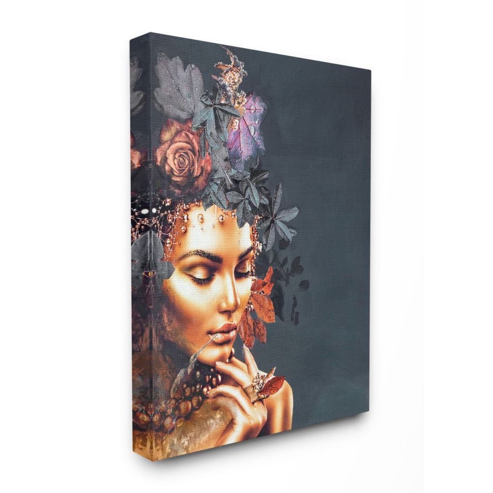 Stupell Industries AB-001-CN-16X20 Elegant Glam Female Portrait Floral Hair Leaves Design Fabrikken Gallery Wrapped Canvas 20-in H x 16-in W People Canvas Print