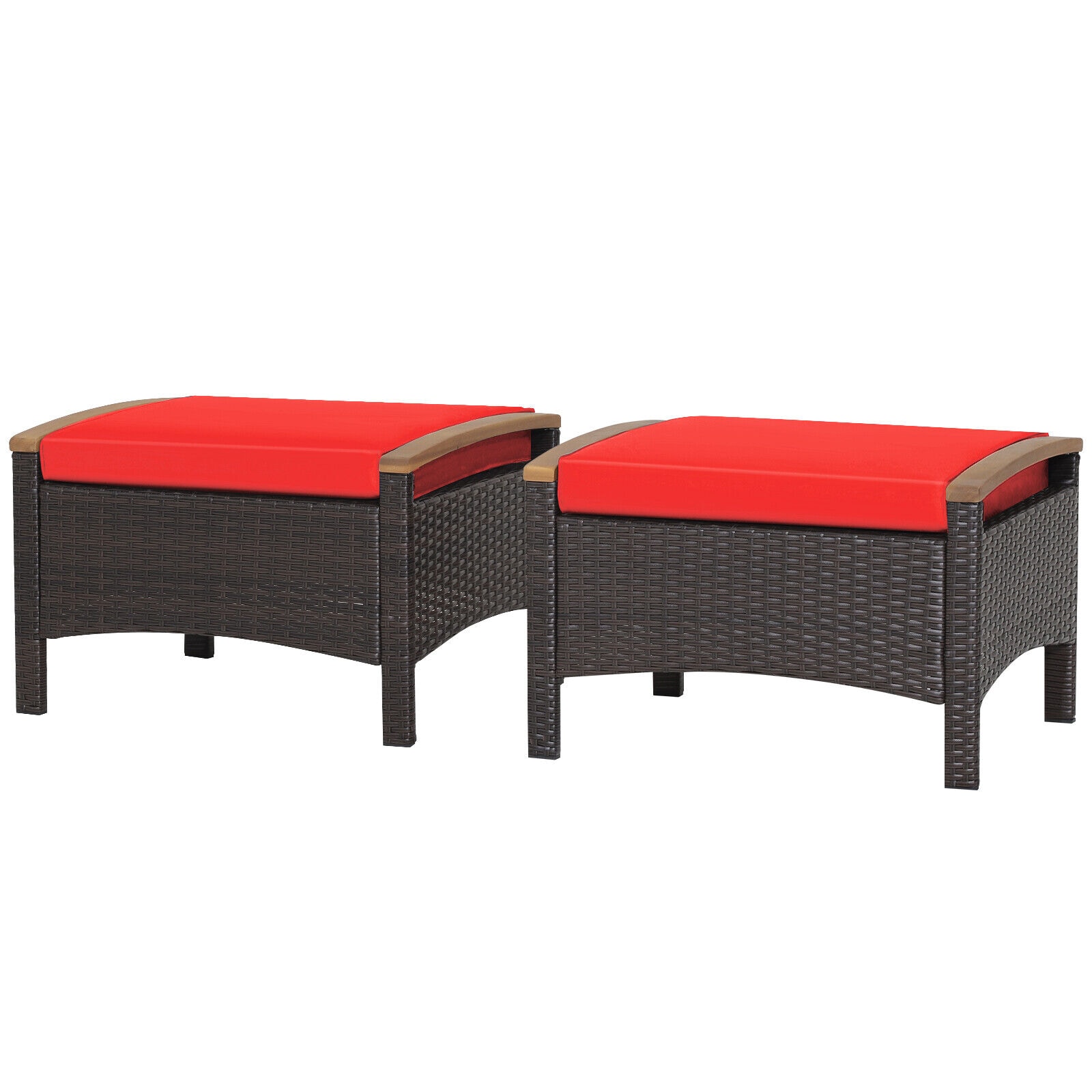Slickblue D-CO-ER21507WH Set of 2- Outdoor Mix Brown PE Rattan Rectangle Ottoman with Brown/ White/ Red/ Navy Cushions for Patio Garden Balcony Poolside Seating