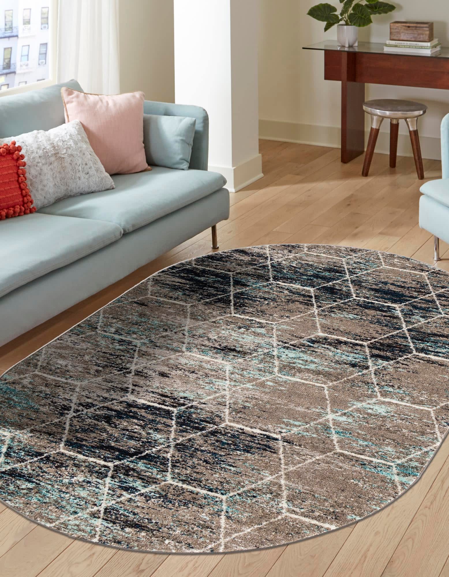 Unique Loom 3151805 Trellis Frieze 4 x 6 (ft) Loomed Polypropylene Blue Multi Oval Indoor Trellis Area rug
