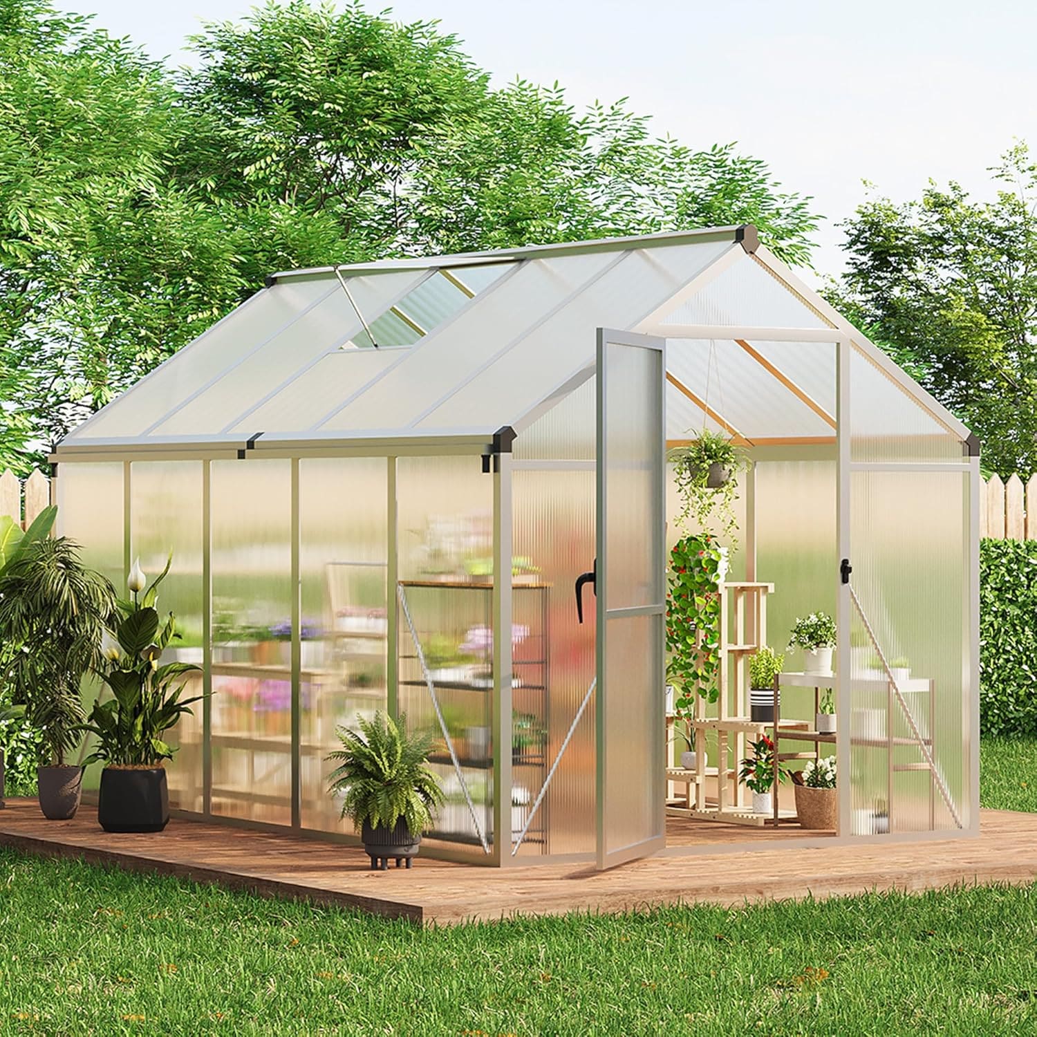 Qeetex QET-GH-WK12 6x10 FT Greenhouse Easy Assembly Aluminum Polycarbonate Greenhouses for Outdoors with Roof Vent and Ground Nails Heavy Duty Aluminum Walk-in Greenhouse for Backyard Sliding Lockable Door Silver