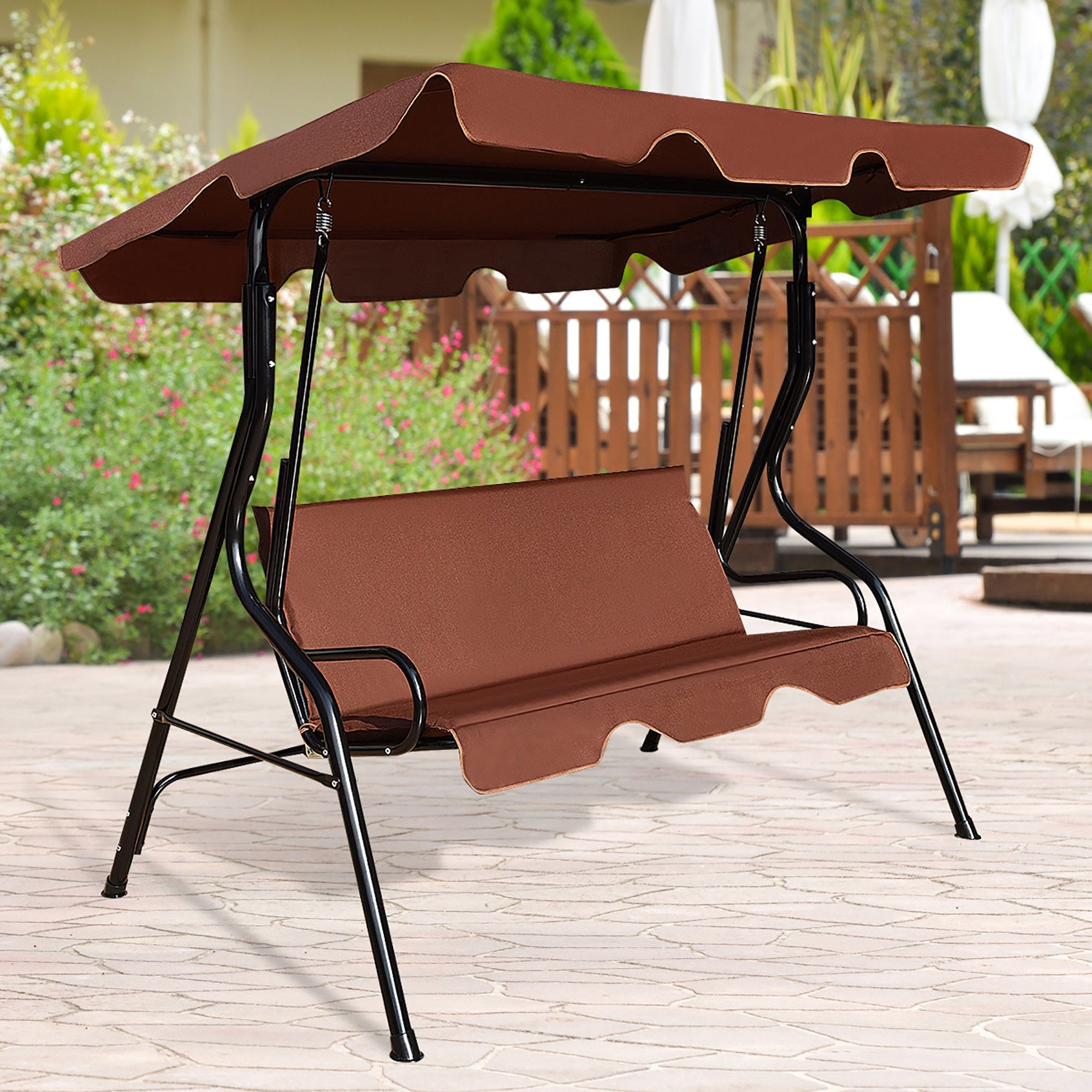 Swing With Canopy Porch Patio Steel Frame Stand 3 Person Sofa Bench Wicker Seat 