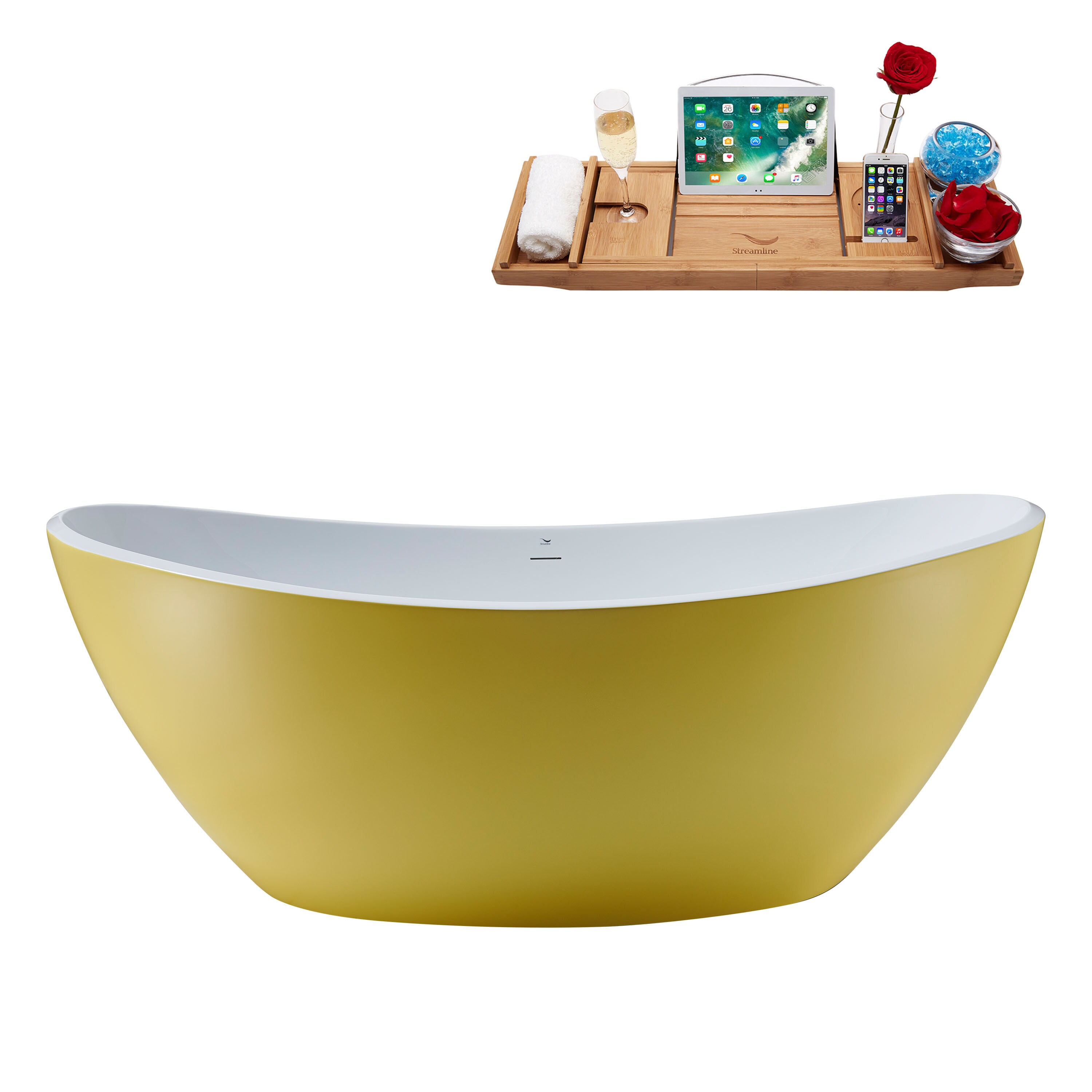 Streamline N952ORB 35.4-in x 74.8-in Matte Yellow Acrylic Oval Freestanding Soaking Bathtub with Drain (Center Drain)