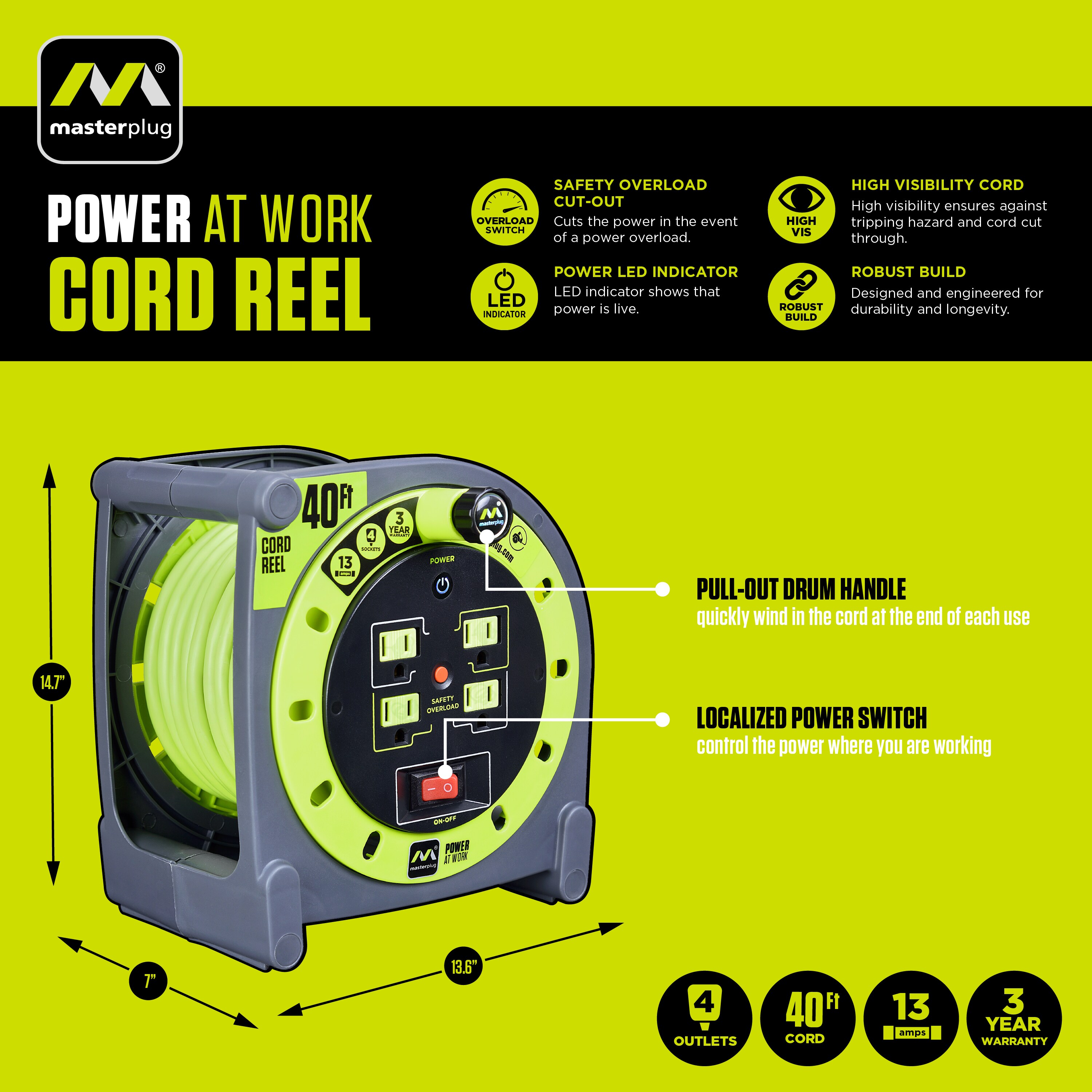 Power At Work Four Power Outlets Cord Reel with Winding Handle, Overload  Circuit Breaker and Power Switch, 40 Feet 14AWG, High Visibility Cord, Green