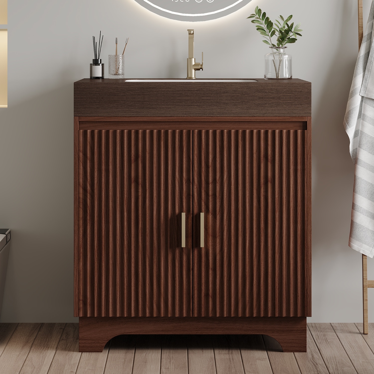 Lirago 30 in Bathroom Vanity with Ceramic Sink Sintered Stone Countertop Multi Layer Plywood Storage Cabinet Walnut Freestanding Bathroom Vanity for Bathroom Remodel