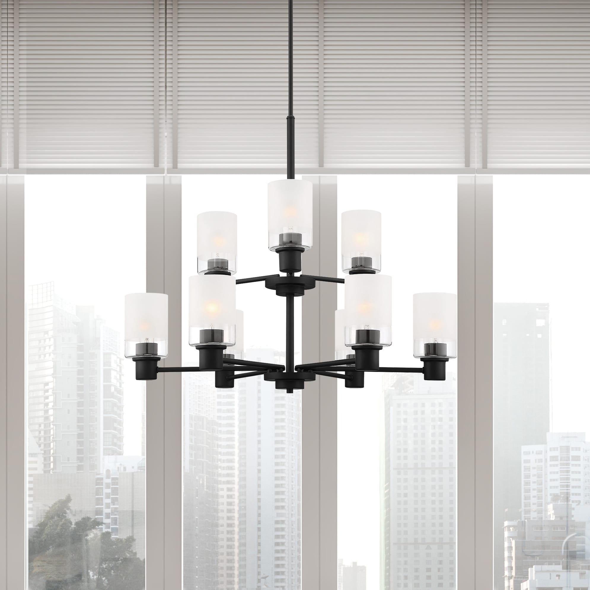 Matte Black 9-Light Chandelier with Clear and Etched Glass