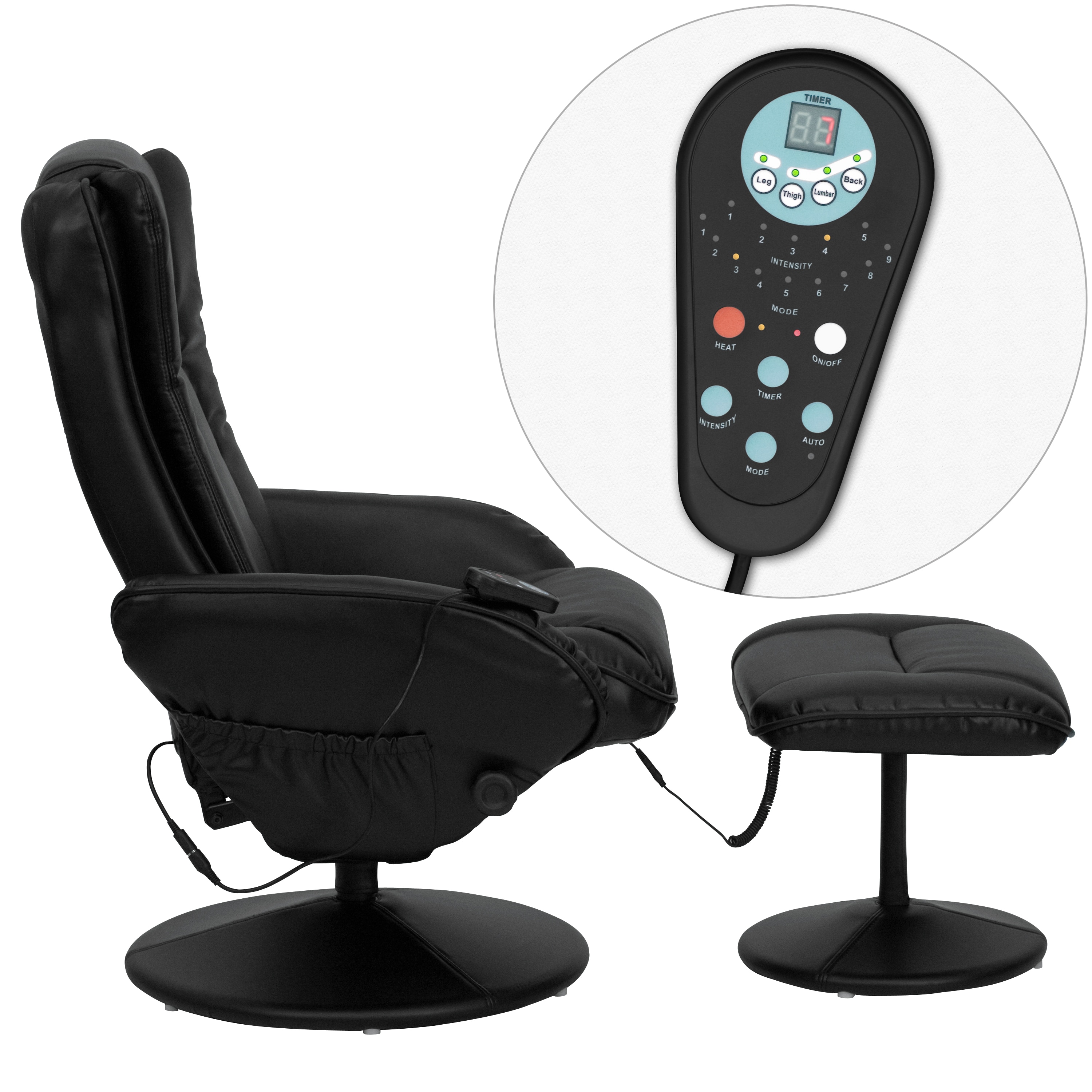 Black Leather Swivel Recliner with Ottoman and Massage