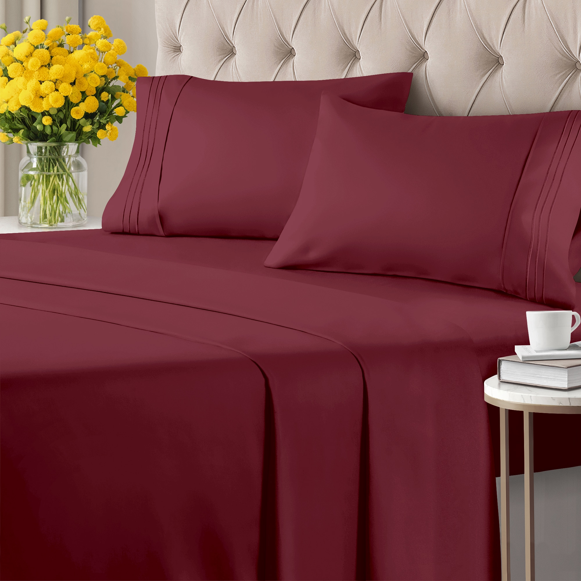 CGK Linens - Twin Extra Long Burgundy Deep Pocket 4-Piece Bed Sheet Set