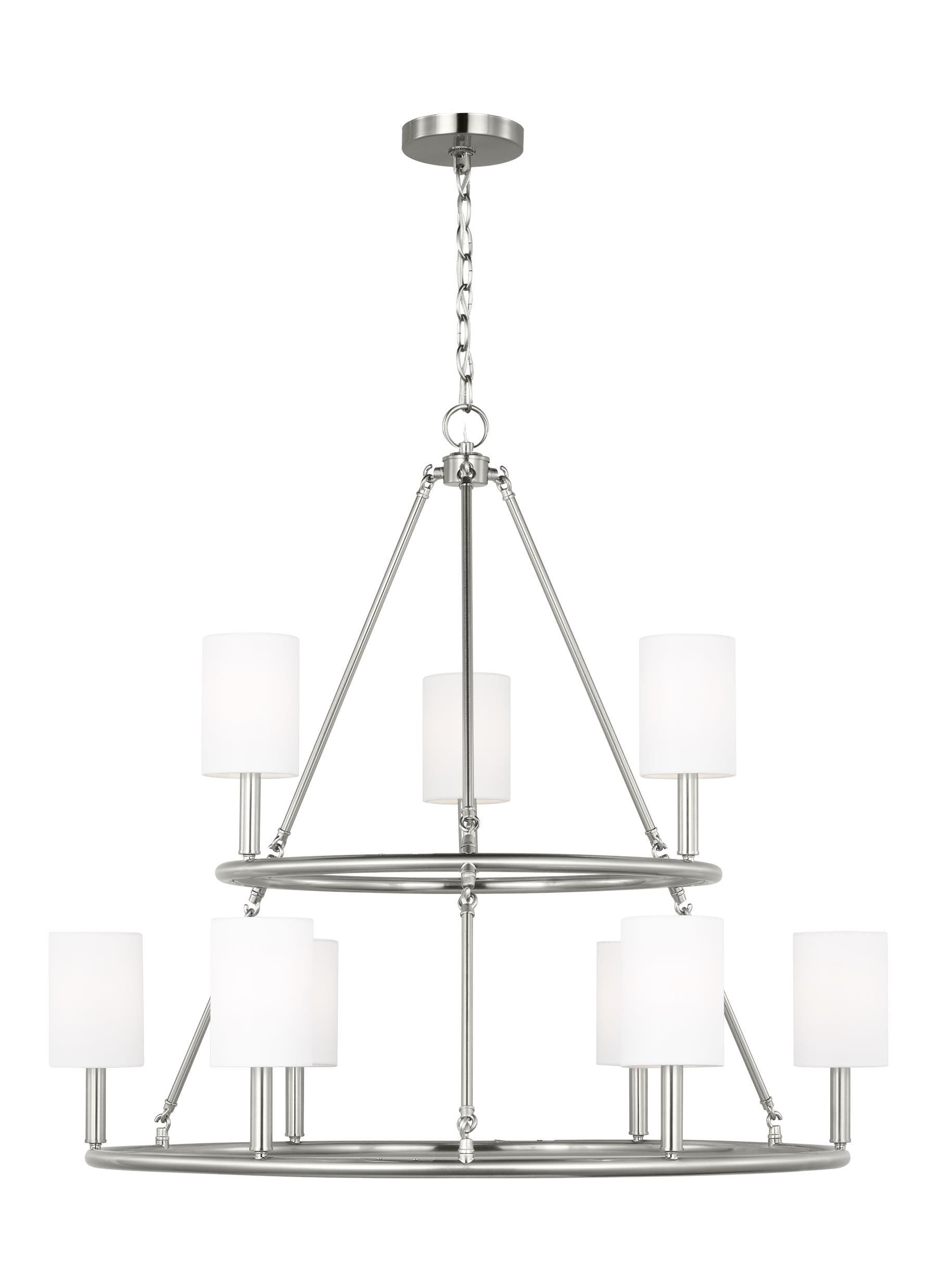 Egmont Brushed Steel 9-Light Chandelier with White Linen Shades