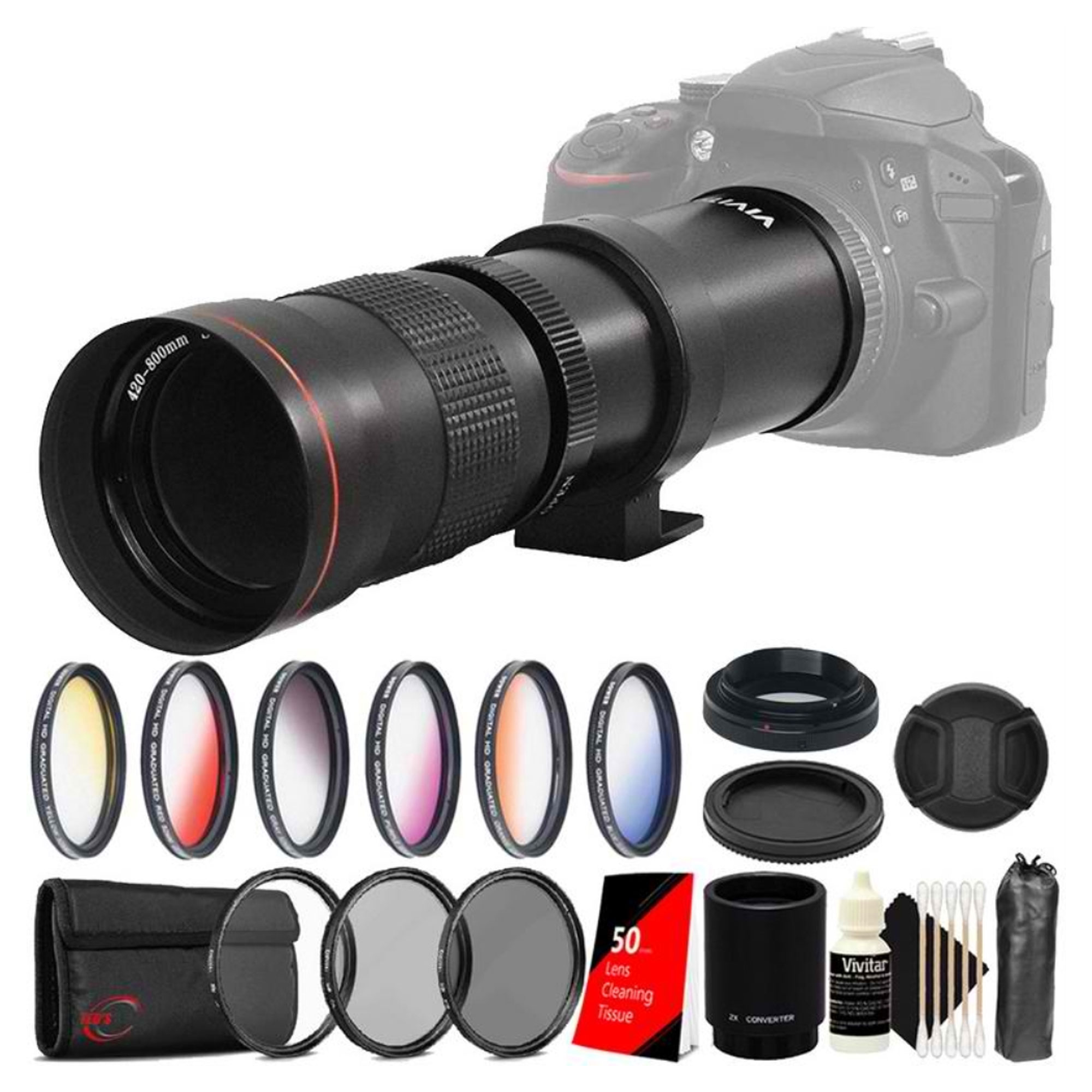Vivitar  420 800mm F8 3 Telephoto Zoom Lens for Sony T mount for Sony 2x  Converter UV CPL ND Kit Color Filter Kit Lens Tissue 3pc Cleaning Kit