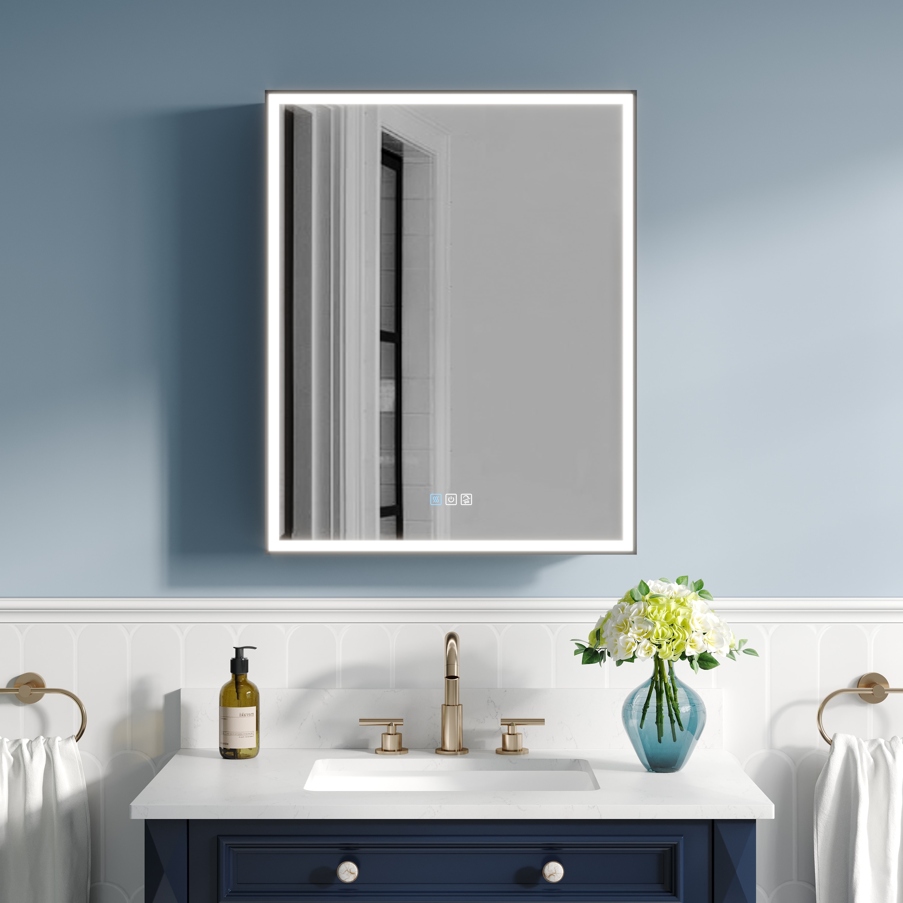 Ayelon Cabinet 24-in x 30-in Lighted LED Fog Free Surface/Recessed Mount Black Mirrored Rectangle Soft Close Medicine Cabinet with Outlet