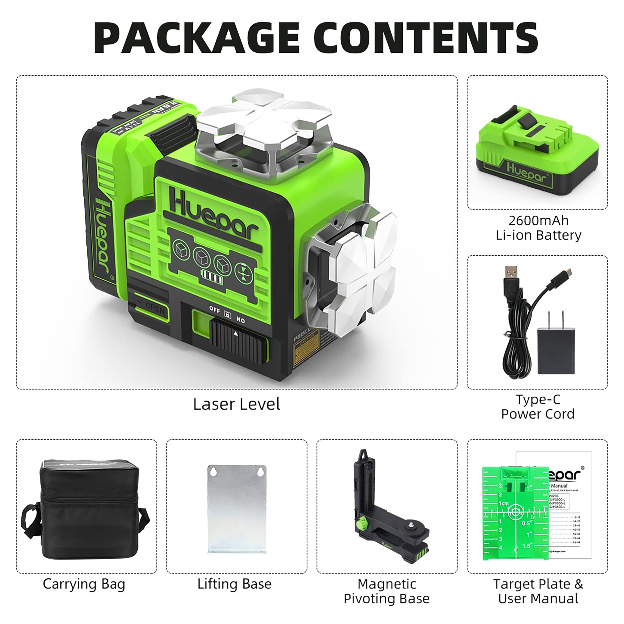 Huepar 2 x 360° Cross Line Laser Level Green Beam Self-Leveling Laser  Leveler Tools with Pulse Mode, Bluetooth, Li-ion Battery & Magnetic Bracket  P02CG 