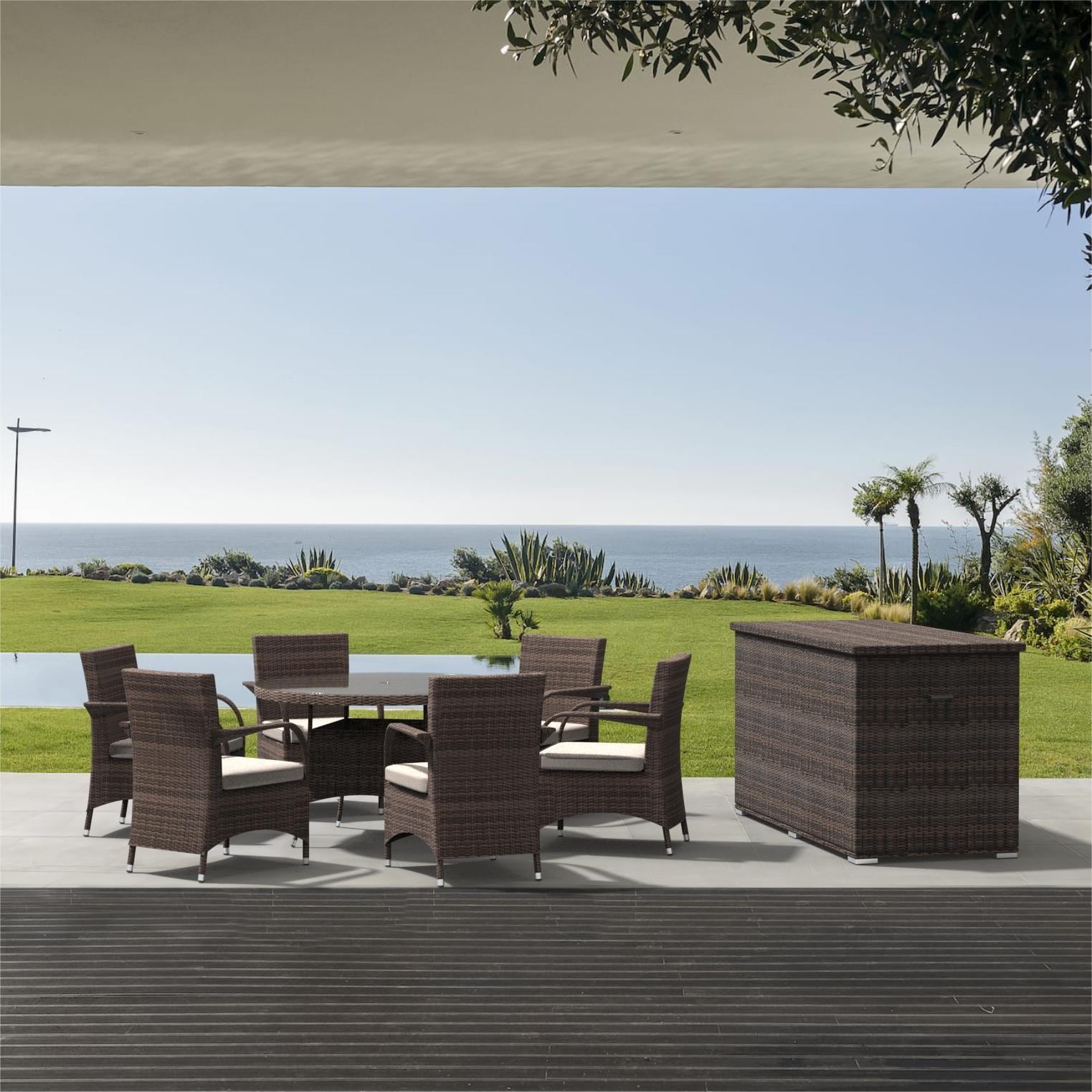 Direct Wicker DWD-1122&3256B-BR 8 -Piece brown Wicker Patio Dining Set Wicker Round Table with 6 Beige Cushions Stationary Chairs