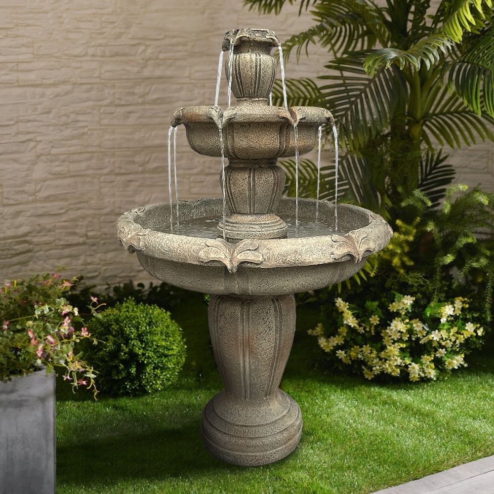 Watnature 48-in H Concrete Tiered Outdoor Fountain with Birdbath Pump ...