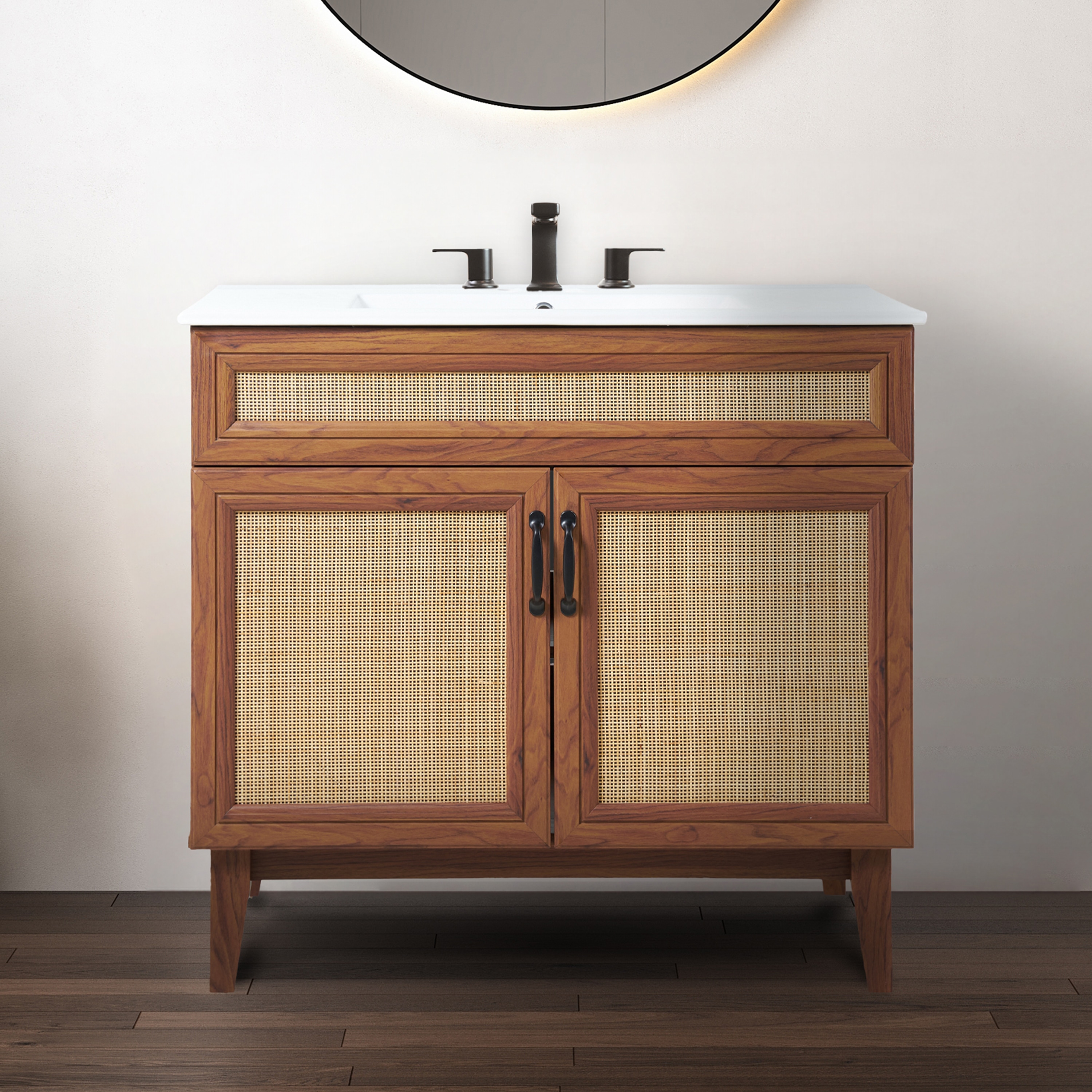Javer 36" Walnut Rattan Modern Farmhouse Bathroom Vanity Cabinet