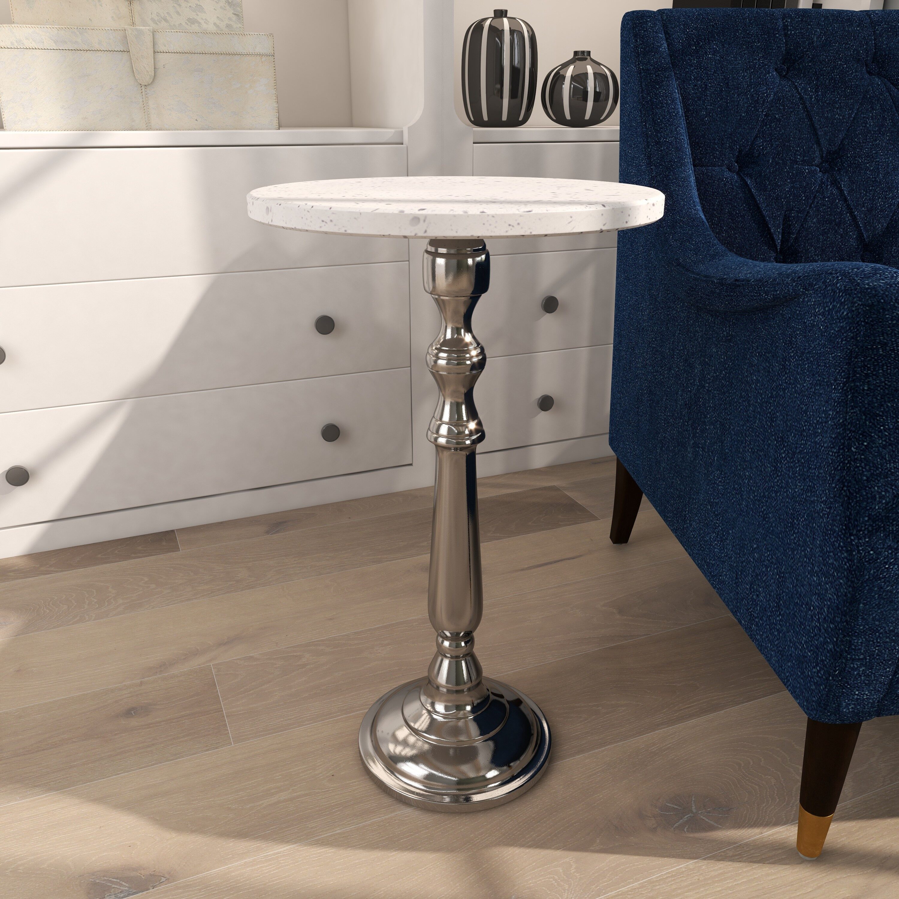 Silver Terrazzo Marble Top Round Accent Table