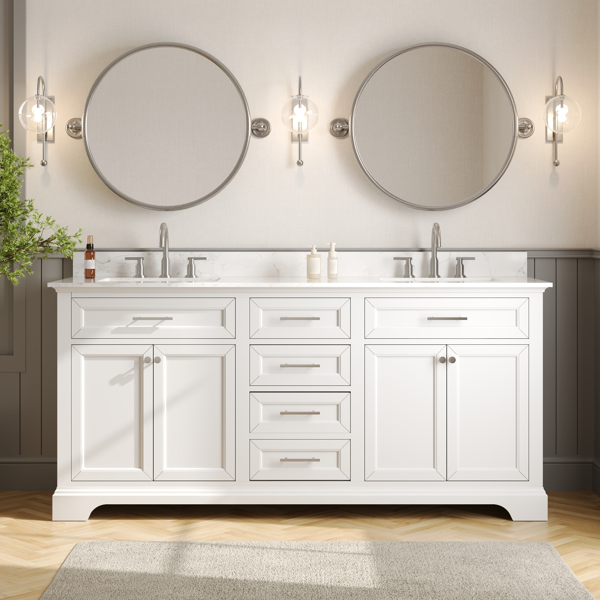 DeerValley - 72-in White Undermount Double Sink Bathroom Vanity with White Engineered Stone Top (...