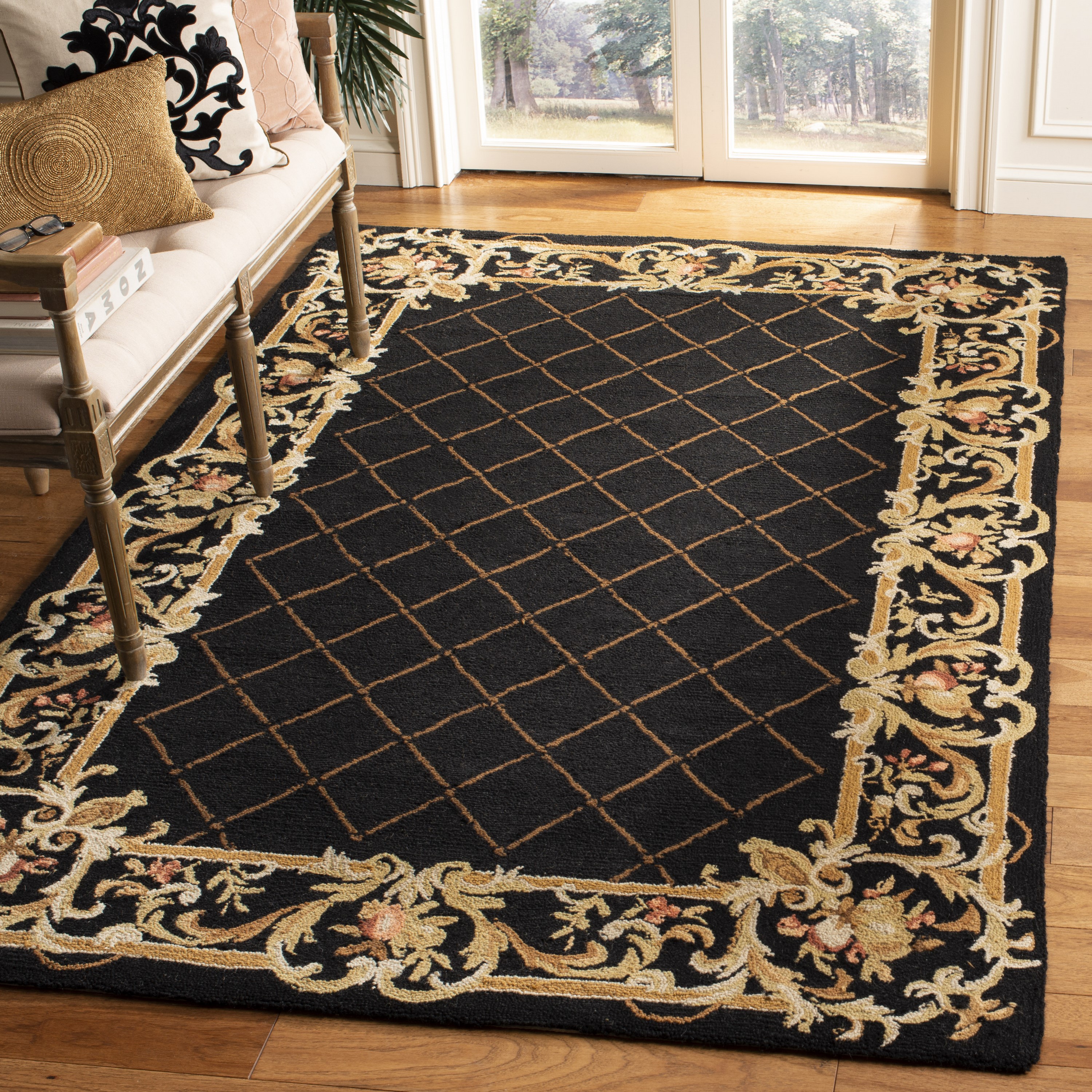 Black Floral Hand-Hooked Wool Runner Rug