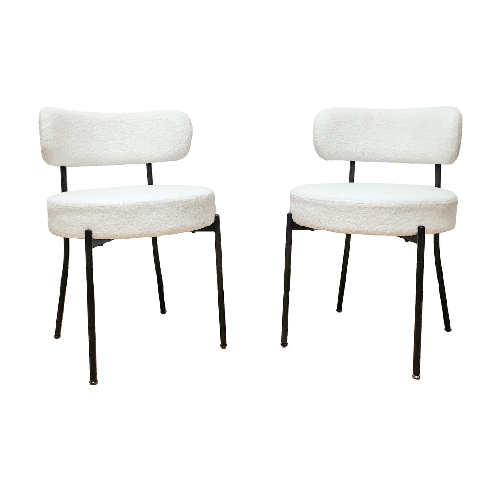 Vynxaria LESX1138-DJCY-YZ016 Set of 2 White Mid Century Dining Chairs  Boucle Upholstered with Curved Backrest  Round Thickened Cushion  Black Metal Legs