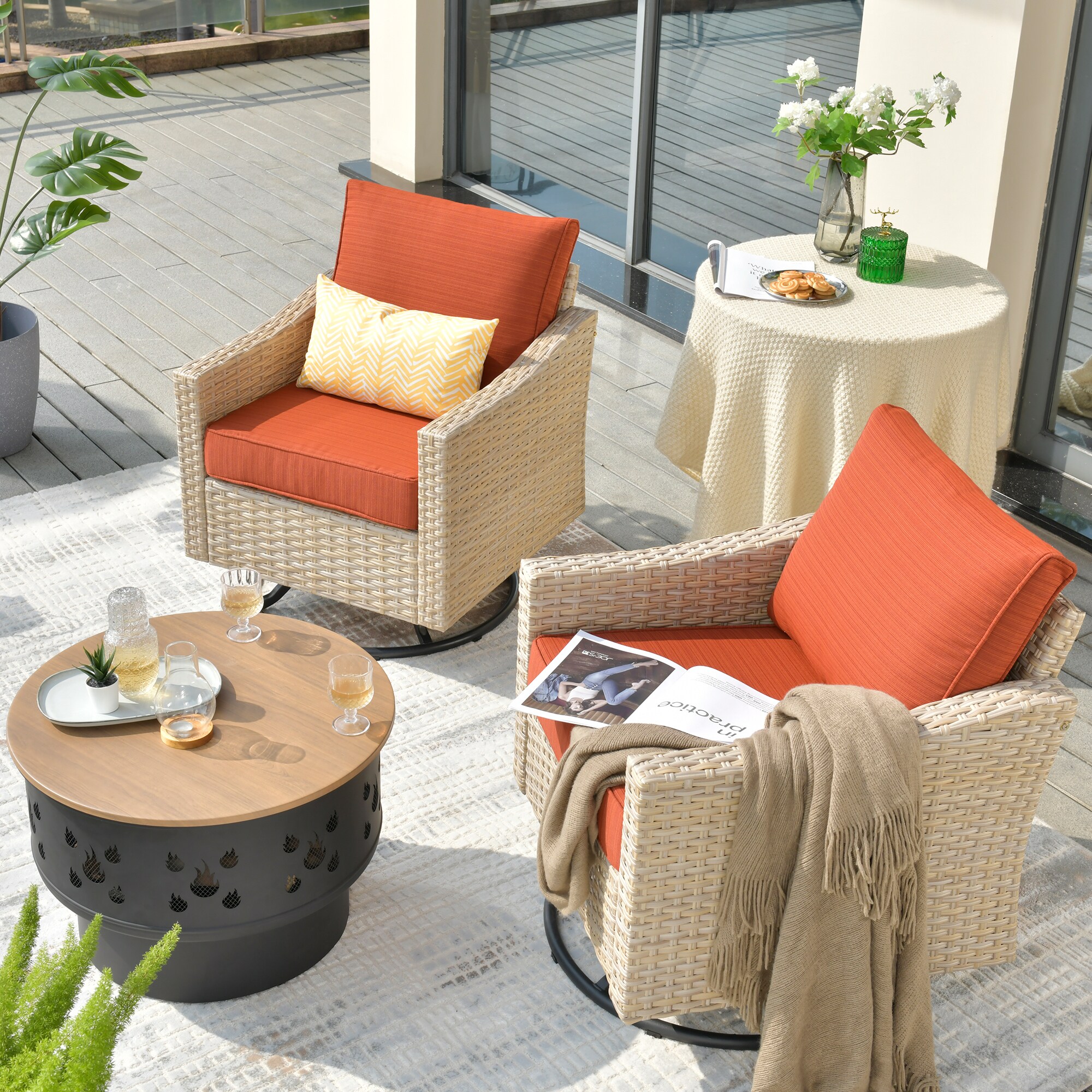 weaxty HMBYM307YZDAR803 Athena 3-Piece Wicker Patio Conversation Set with Orange Cushions