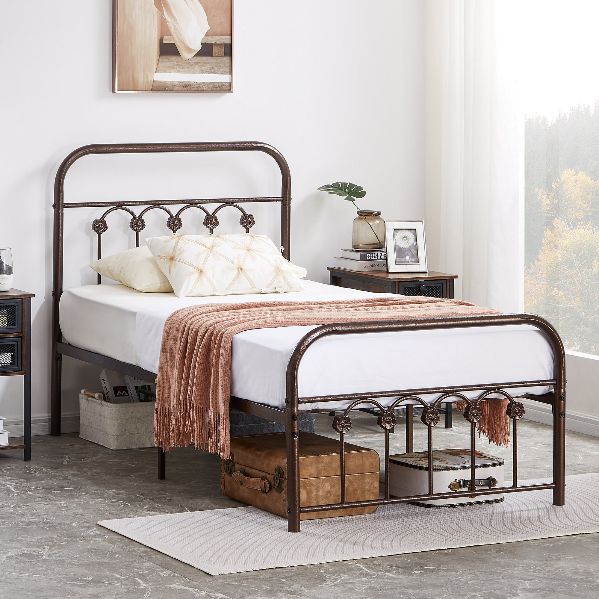 Vecelo LOE-BTJ-MBT09-APLE Twin Size Metal Platform Bed Frame with Headboard and Footboard Mattress Foundation with Steel Slat Support Easy Assembly
