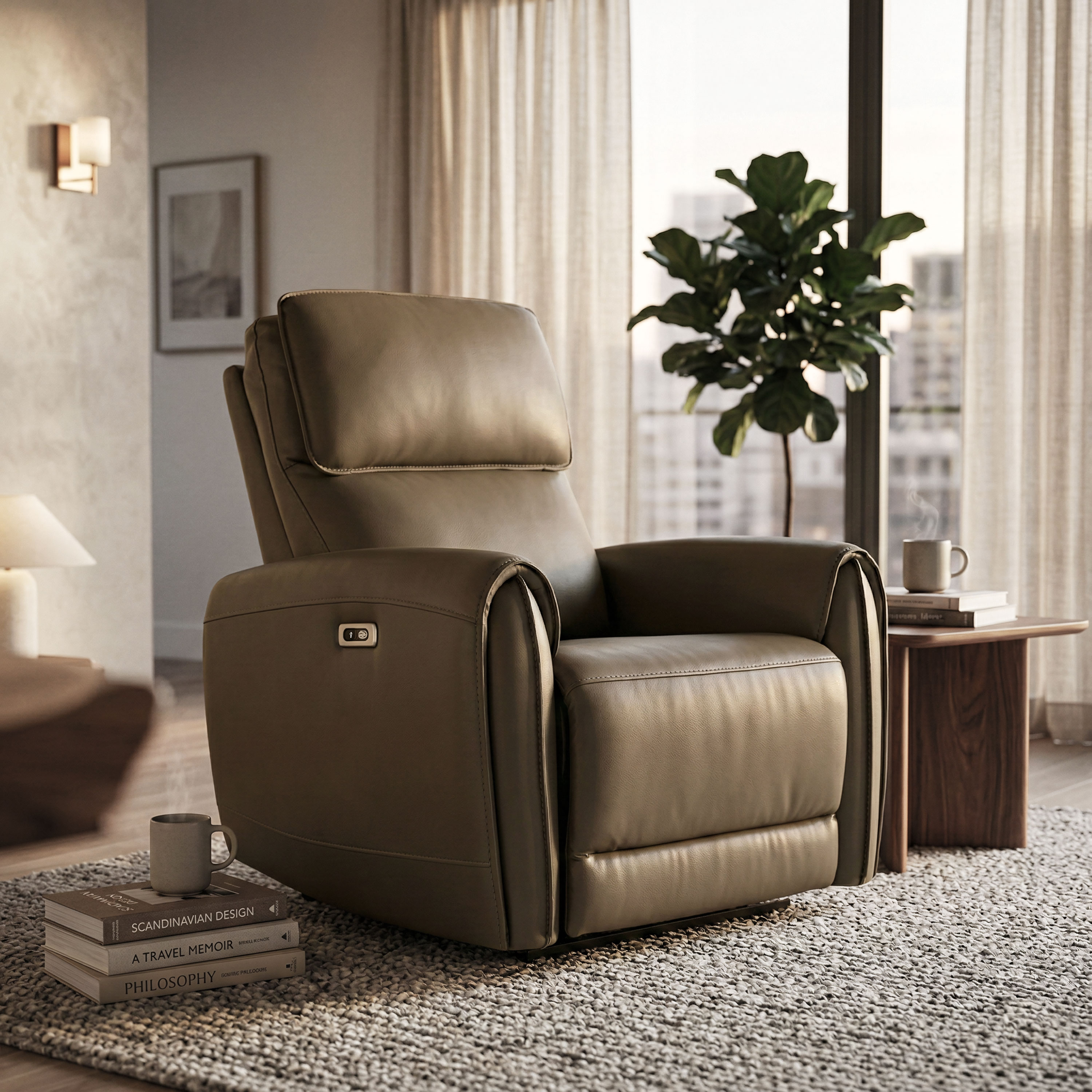 Furniture of America Oremus Light Brown Faux leather Upholstered Powered Reclining Stationary Recliner