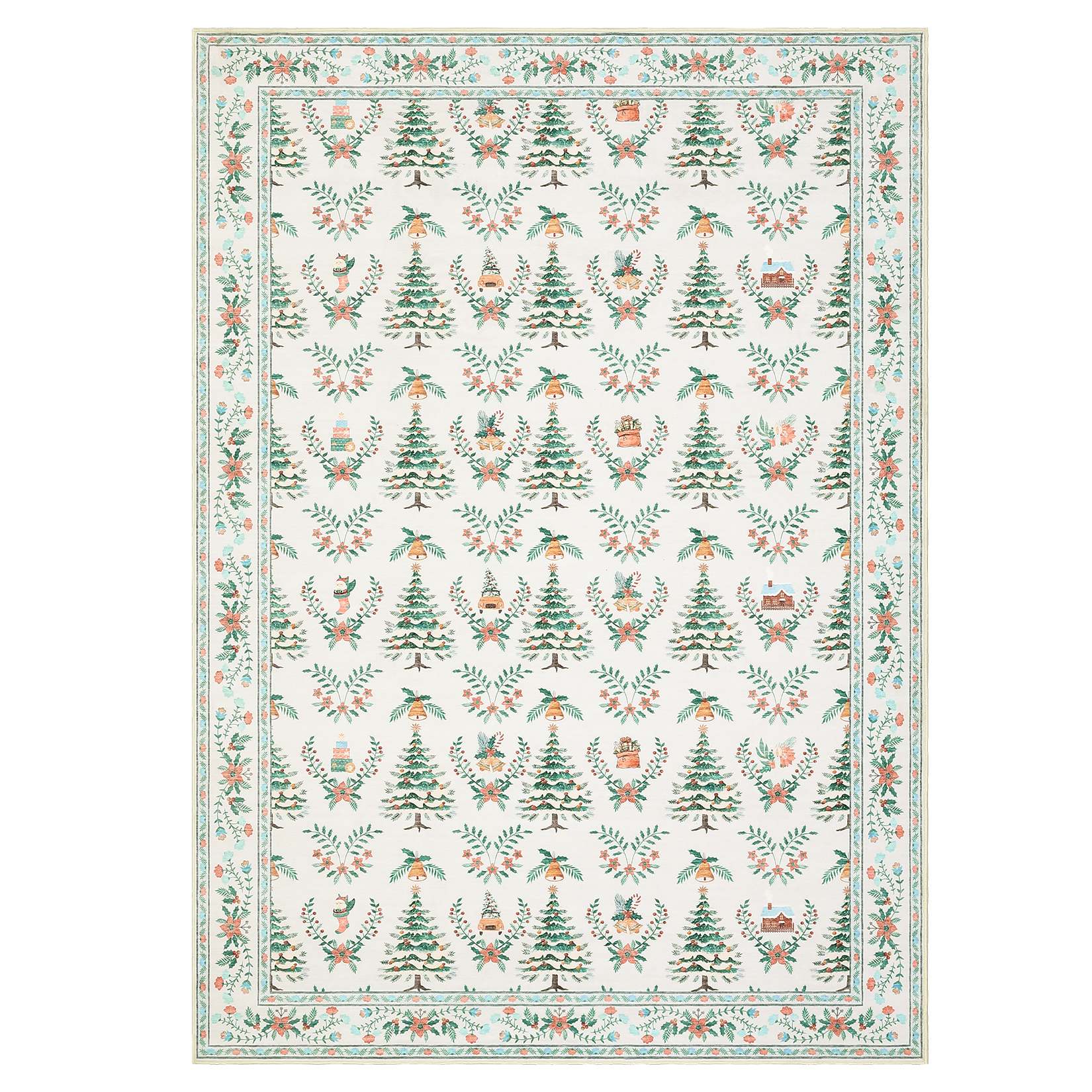 Qeetex SUNNY-PHK-35S7Q9LK 5 x 7 ft Beige Christmas Bedroom Living Room Dining Room Nursery Christmas Tree Print Winter Holiday Modern Machine Washable Polyester Rectangular Indoor Area Rug