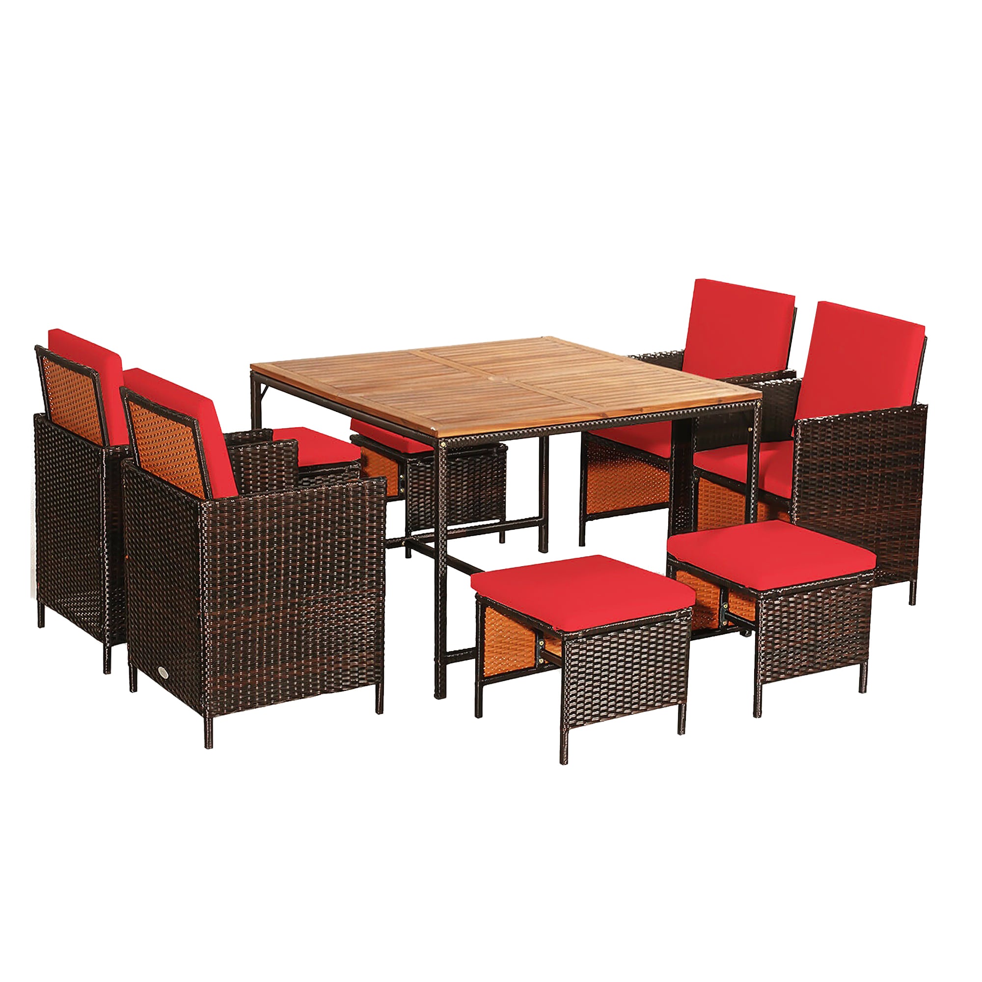 WELLFOR OUJ70674RE+ 9 -Piece Brown Rattan Patio Dining Set Steel Square Table with 4 Red Cushions Stationary Chairs