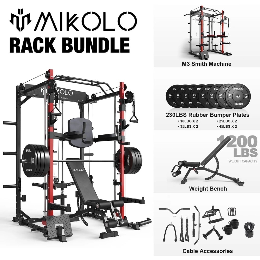 Mikolo M-M3-R-B-HD-BWP230 Smith Machine Home Gym- 2000 lbs Power Rack Cage with Cable Crossover- Smith Cage with 800LB Capacity Adjustable Weight Bench and 230 lbs Weight Plate- Total Body Strength Training Cage