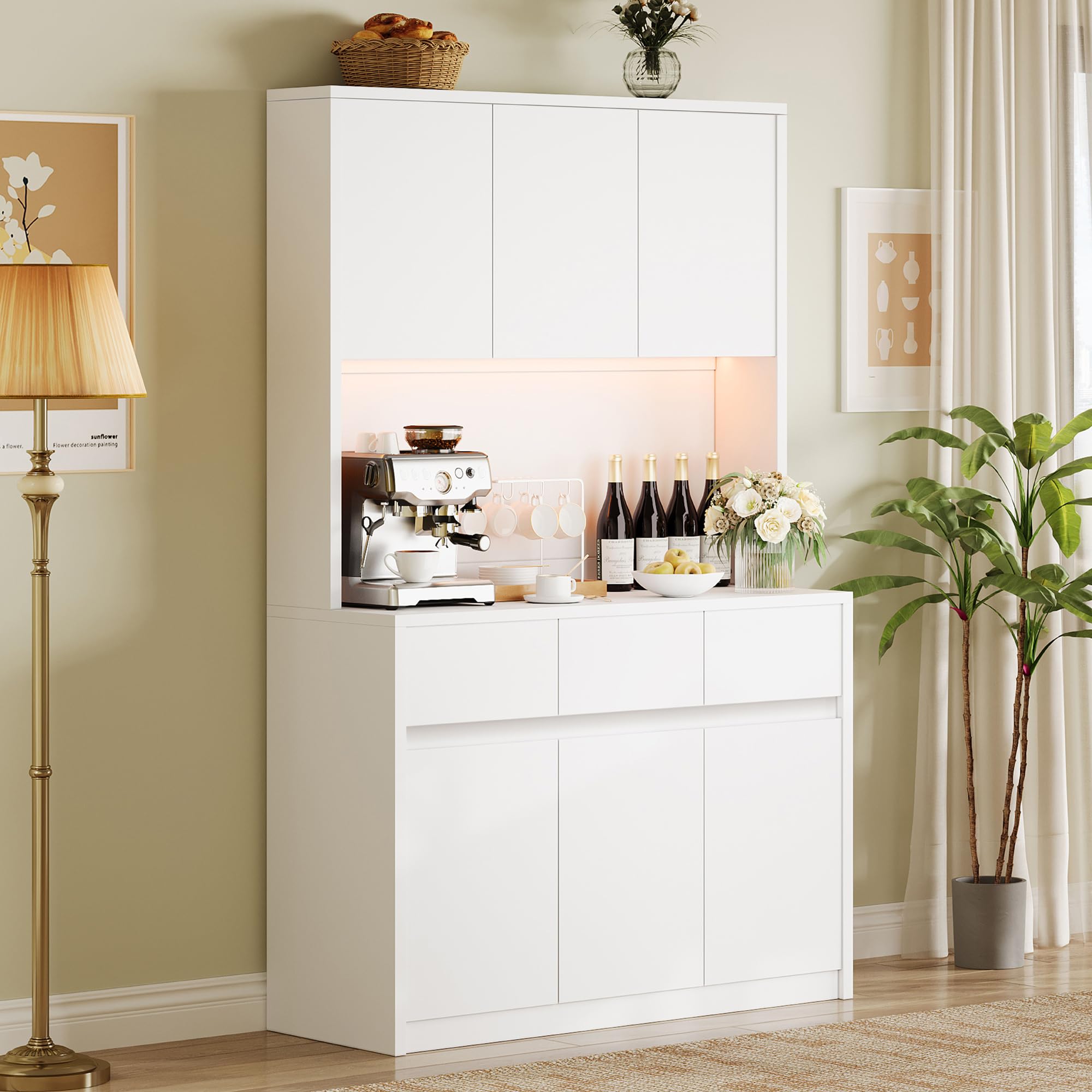 GarveeLife 71-in Kitchen Pantry Cabinet with LED Lights and Power Outlets Buffet Hutch with Microwave Stand and Adjustable Shelves