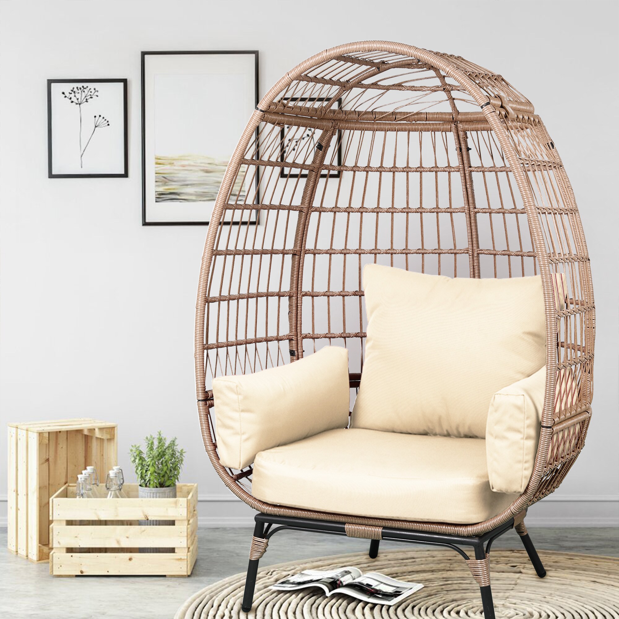 Patio Watcher Egg chair Rattan Beige Metal Frame Stationary Egg