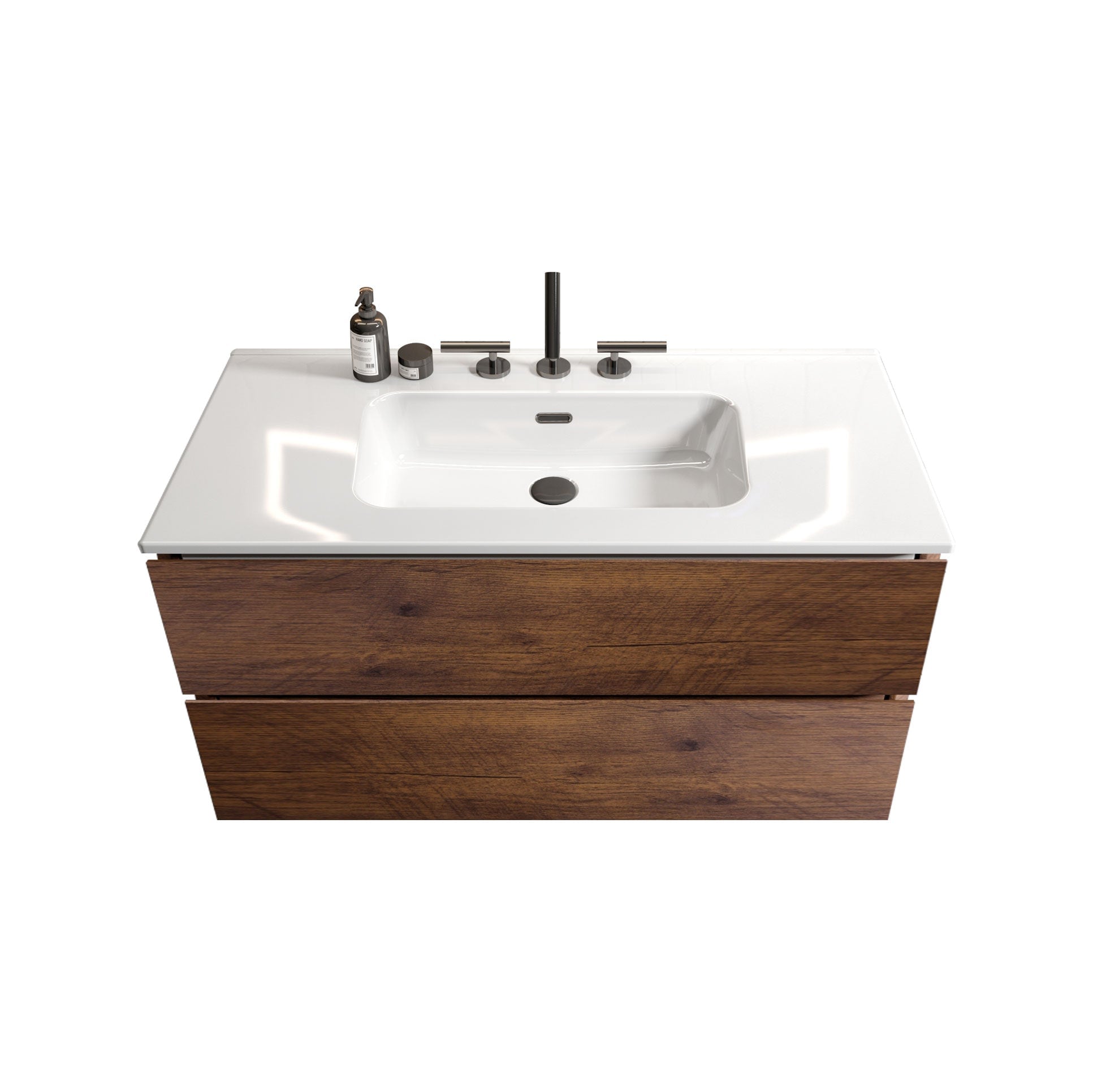 Boyel Living BL-AH-00068 36 Inch Wall Mount Walnut Bathroom Vanity with Ceramic Sink Three Faucet Holes Large Storage Floating Vanity Pre Assembled