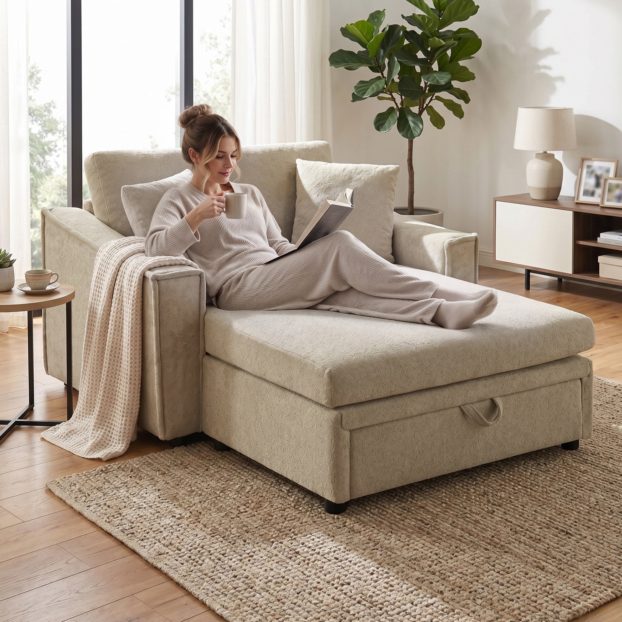 Horizons Prime - 54 inch Brown Snowflake Velvet Fabric Chaise Sofa with Hidden Storage Space and ...