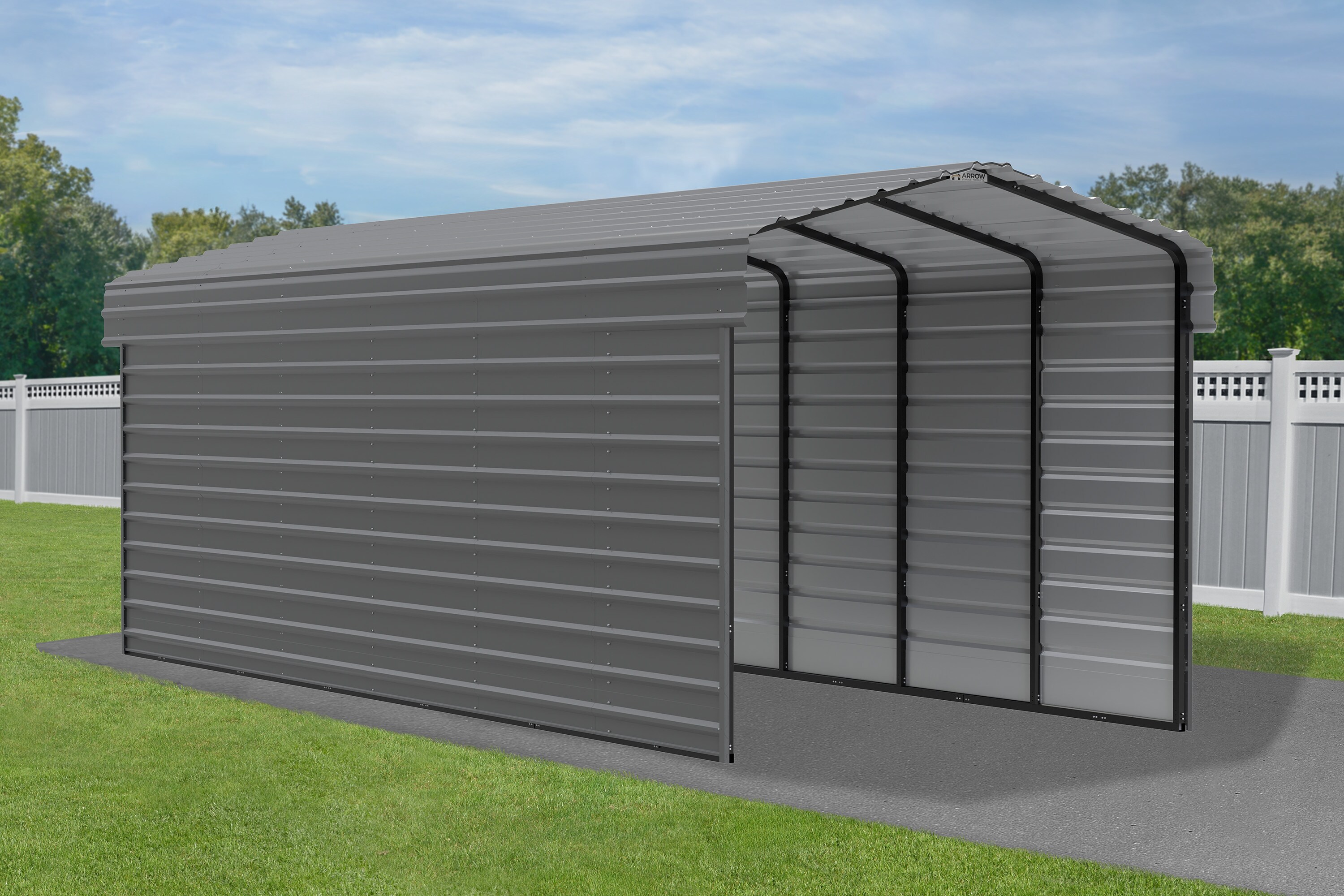 Charcoal Steel Peak Carport with 2-Sided Enclosure