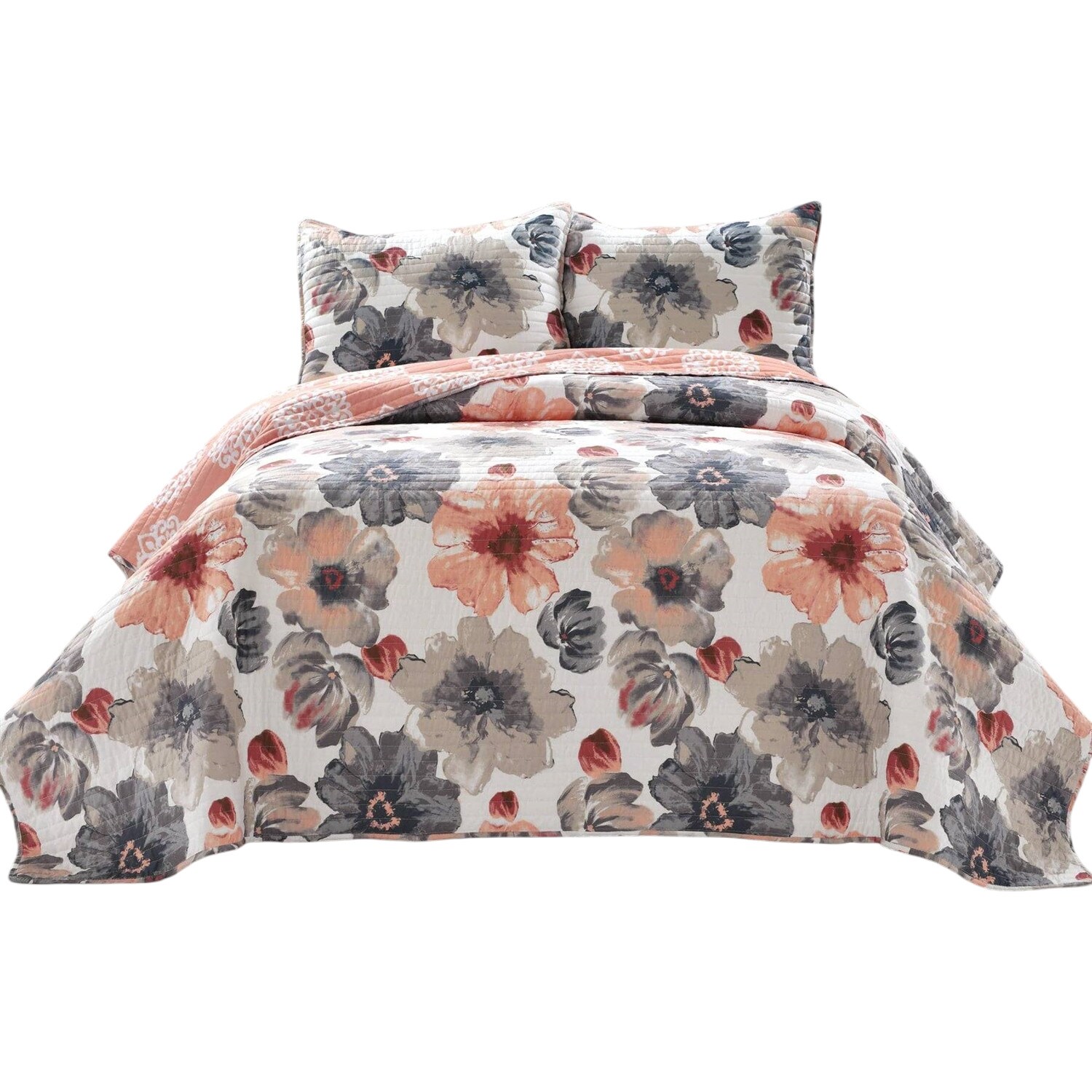 Slickblue D-FR-GRCOKIN6788 3-Piece Coral Gray- King- Full/Queen- Polyester Microfiber Quilt Set for Spring and Summer Bedrooms