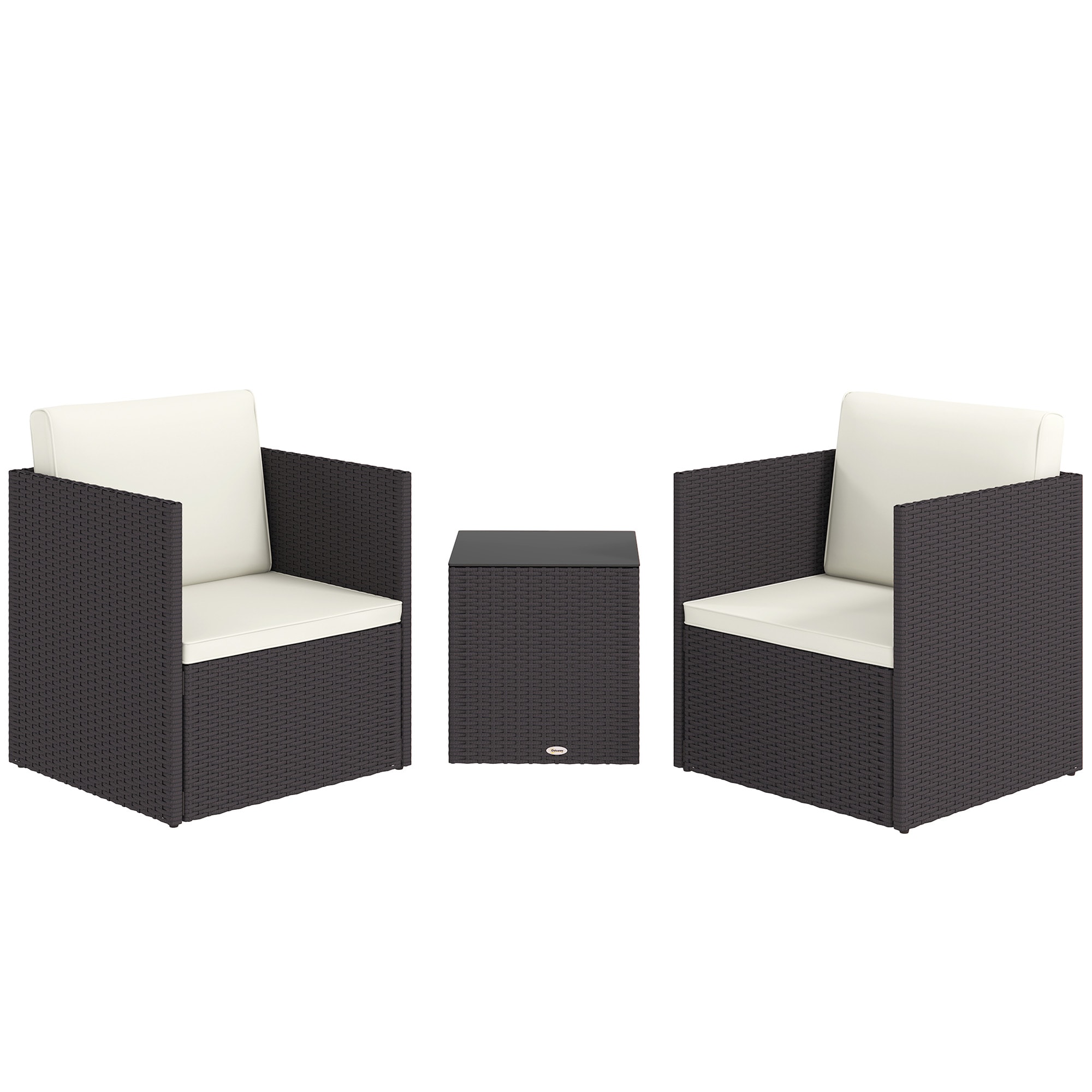 Outsunny 863-162V00BN 3 Piece Patio Furniture Set Folding Outdoor Wicker Bistro Set with Washable Cushions Adjustable Feet and Glass Coffee Table Easy Assembly for Garden Balcony Poolside Backyard Brown