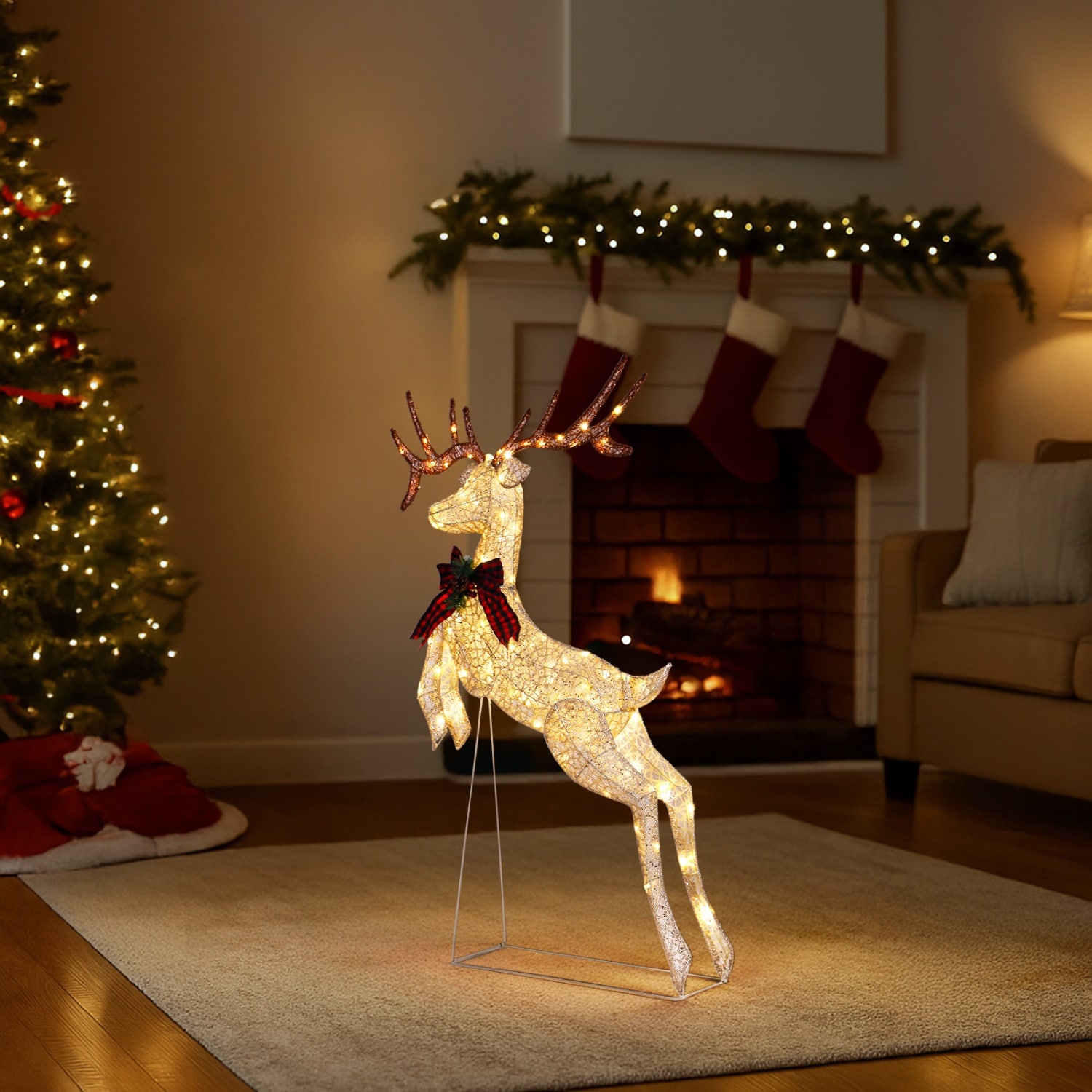 Upsimples 58.3in Lighted Christmas Reindeer Decoration 100 Warm White LEDs  Jumping Posture Large Bowknot Collapsible for Indoor Outdoor Use in the  Outdoor Christmas Decorations department at Lowes.com, image size:900x900