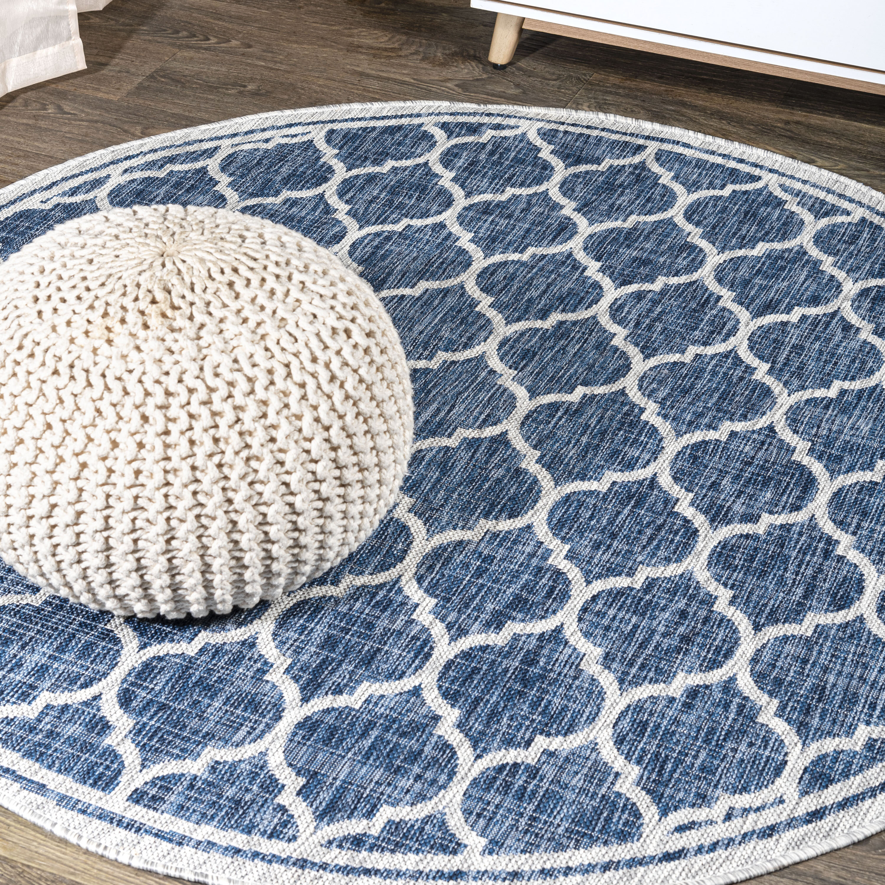 JONATHAN  Y SMB109D-4R SANTA MONICA Trebol Moroccan Trellis Textured Weave 4 x 4 (ft) Polypropylene Navy/Gray Round Indoor Medallion Bohemian/Eclectic Area rug