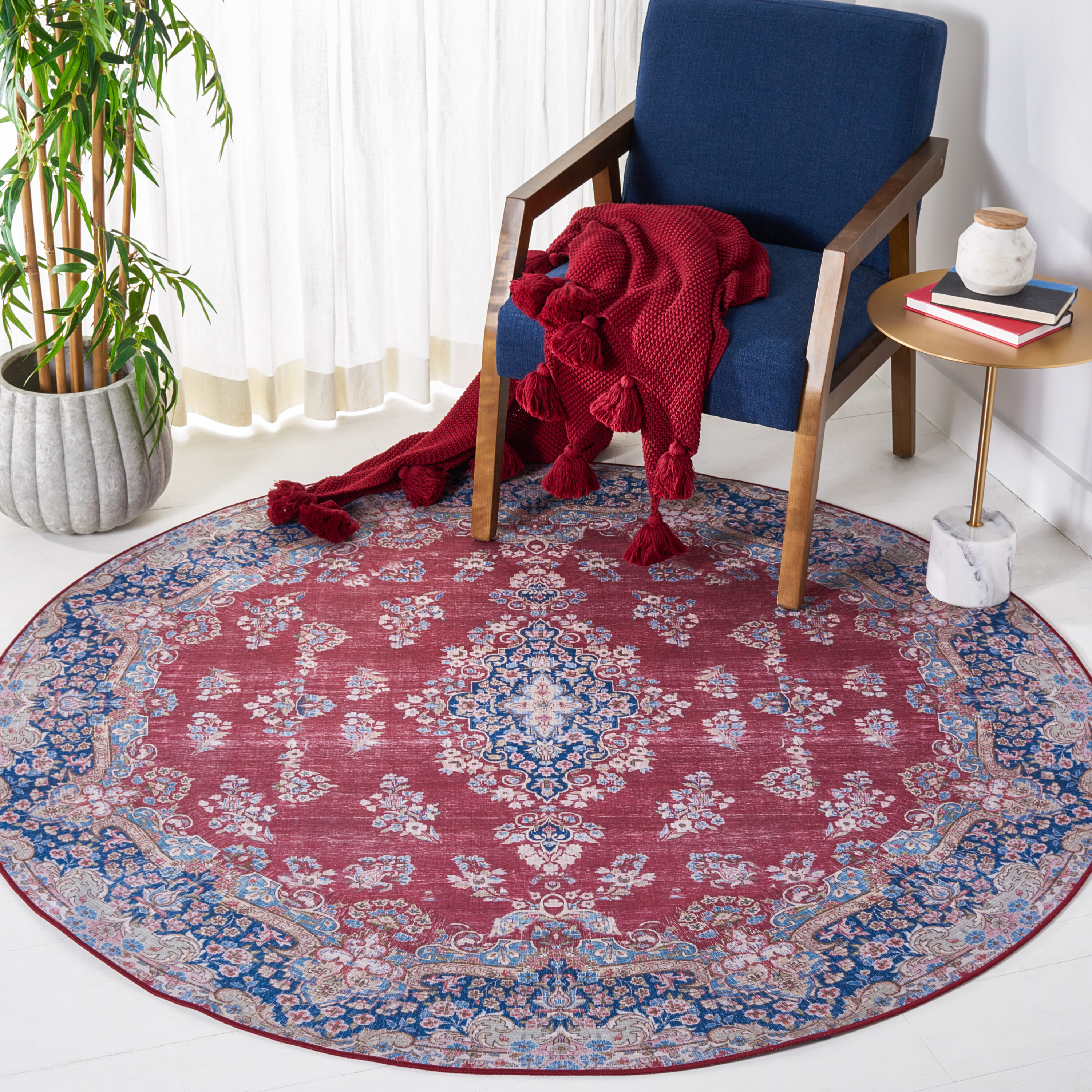 Tucson 182Q Red Navy Machine Washable/Slip Resistant 6ft x 6ft Traditional Rug