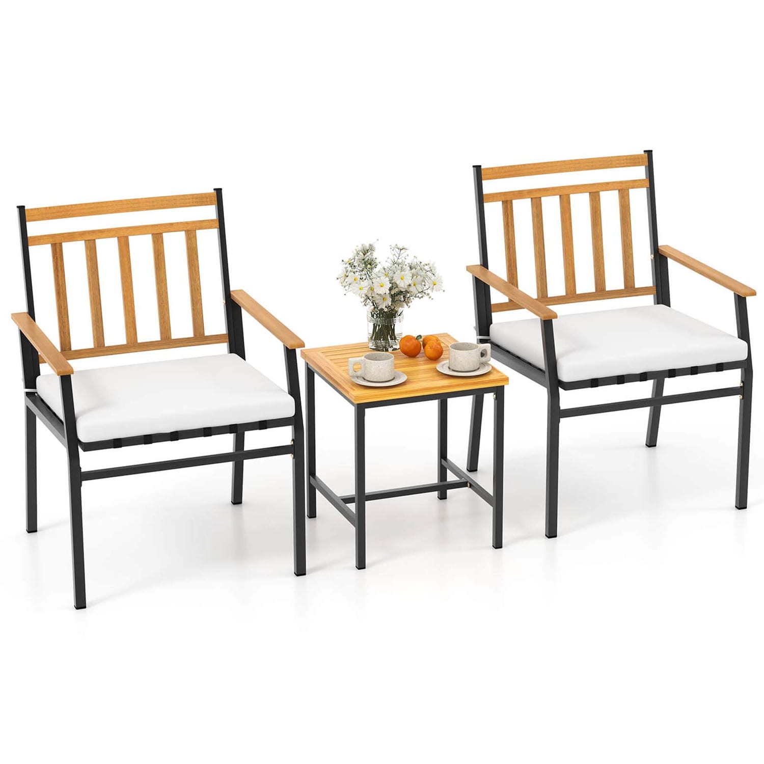 Costway HCST02599 3 PCS Outdoor Furniture Set with Coffee Table Heavy-Duty Metal Frame for Balcony