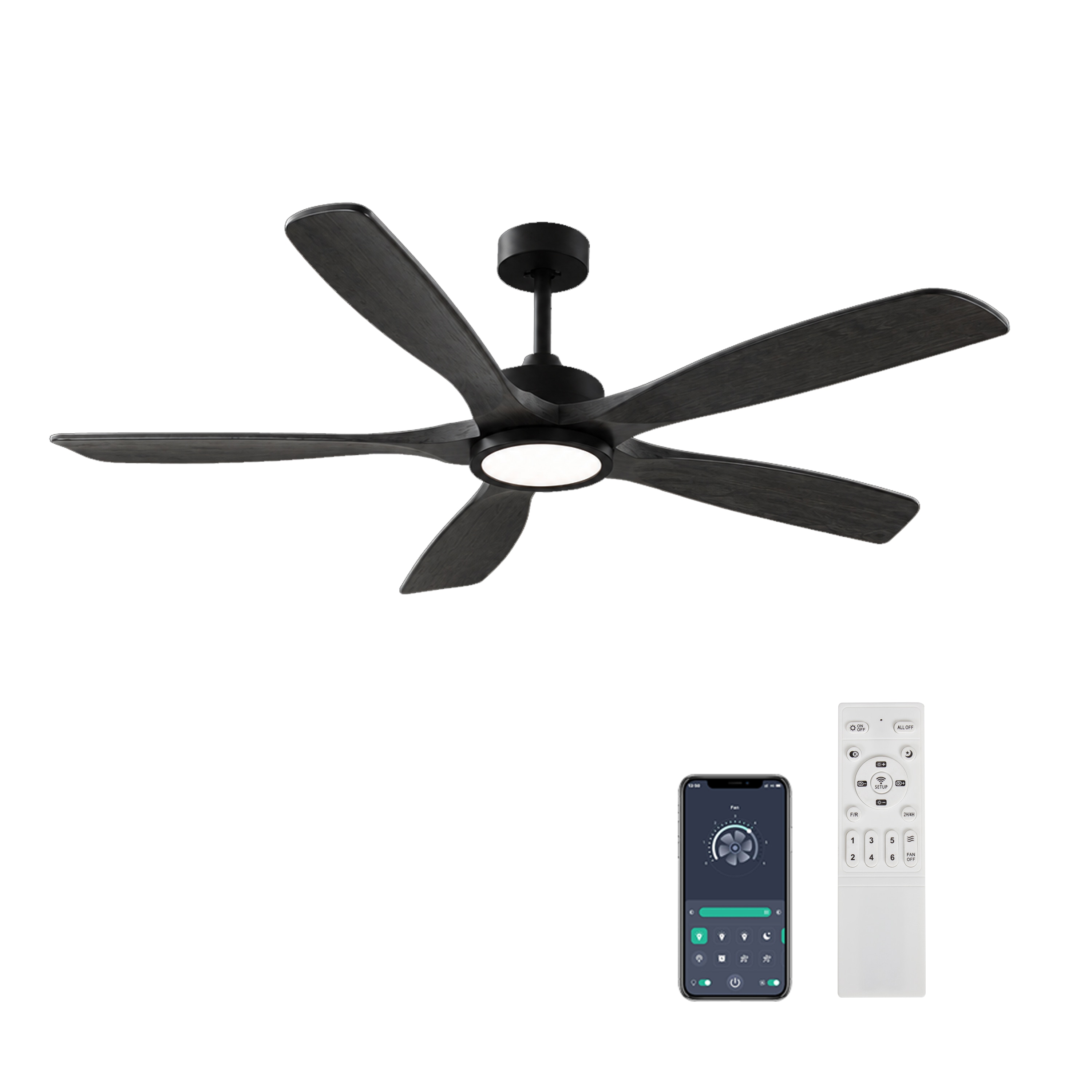 Tenleaf 60 inch Solid Wood Ceiling Fan with Light and Remote 5 Blades Low Profile 6-Speed Reversible DC Motor