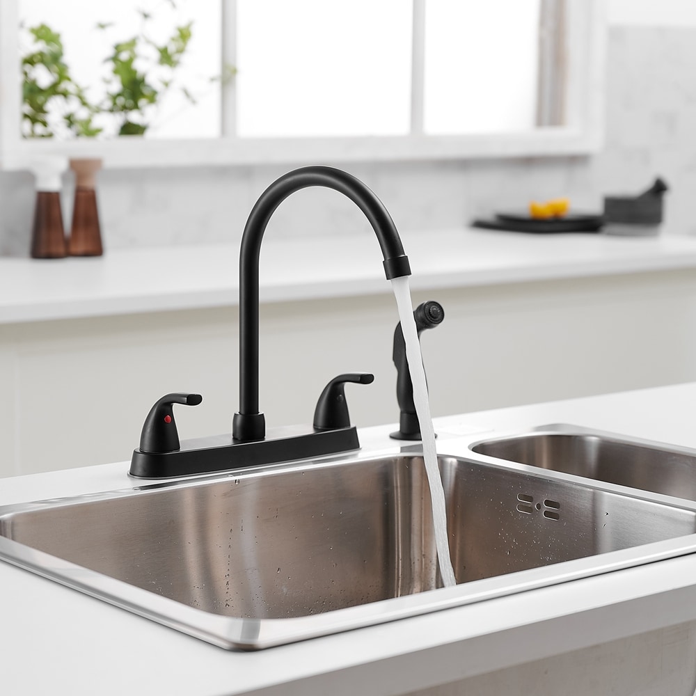 BWE Matte Black Double Handle Bridge Kitchen Faucet With Sprayer Side   64041079 