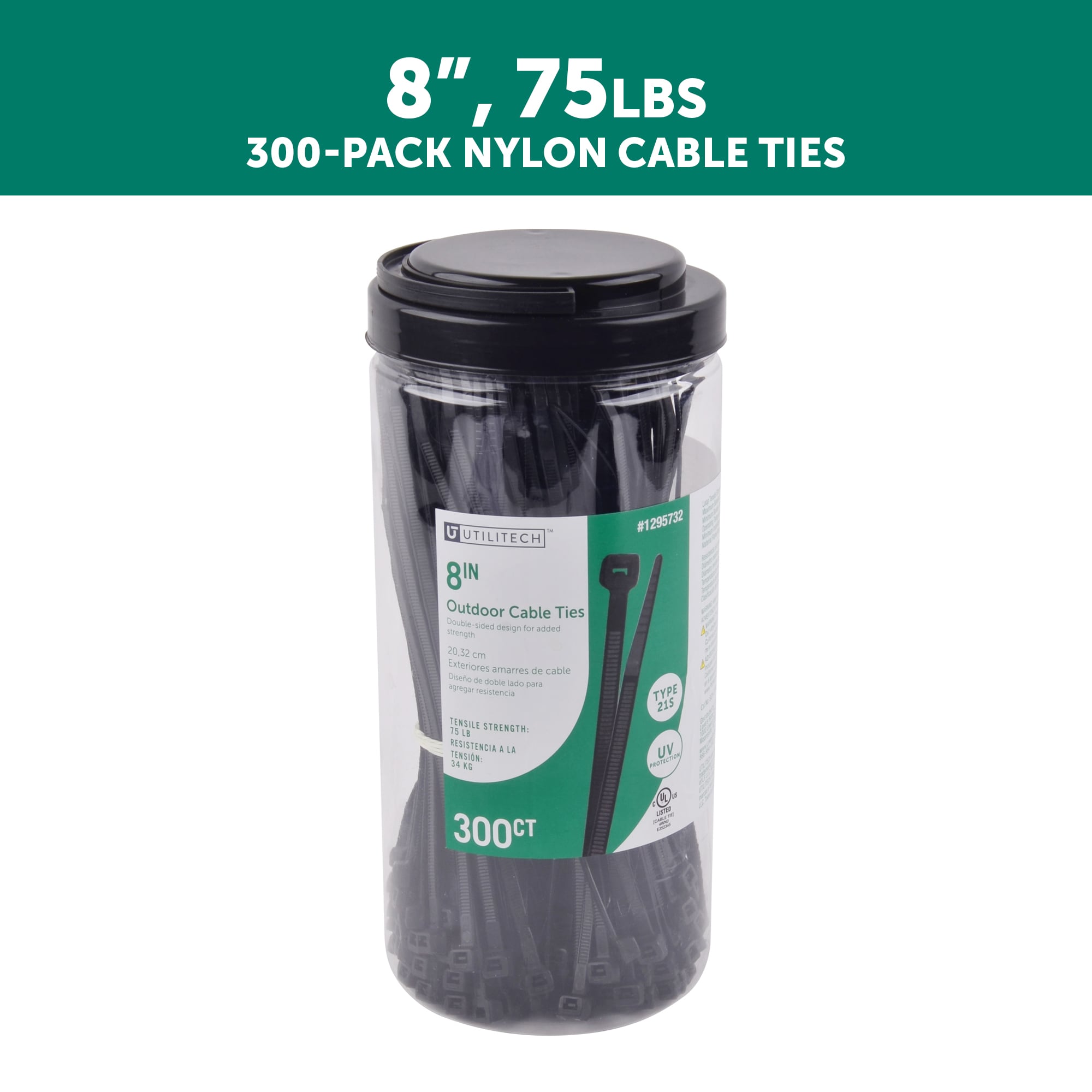 Utilitech 8-in Nylon Zip Ties Black with Uv Protection (300-Pack)