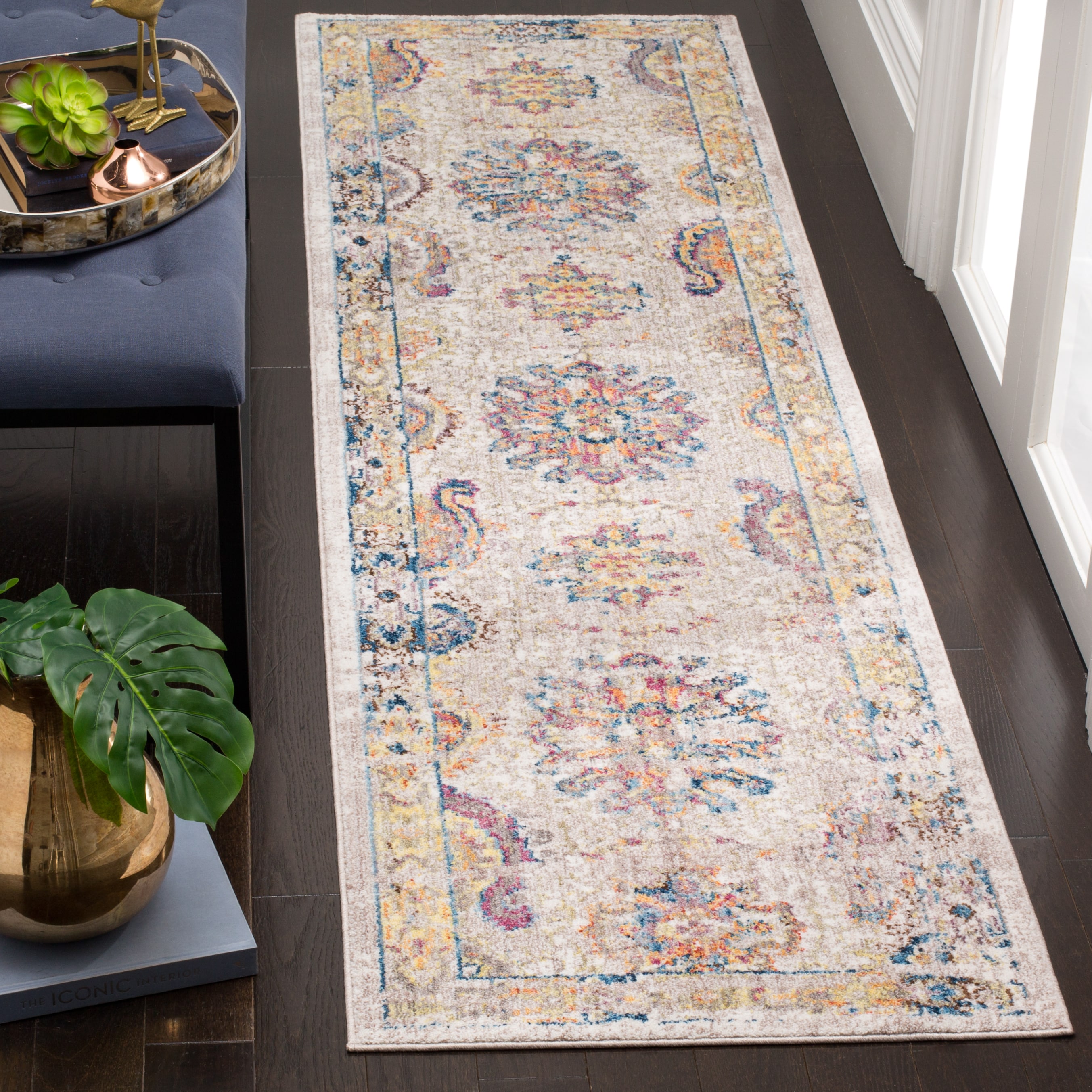 Light Grey and Blue Synthetic Geometric Runner Rug