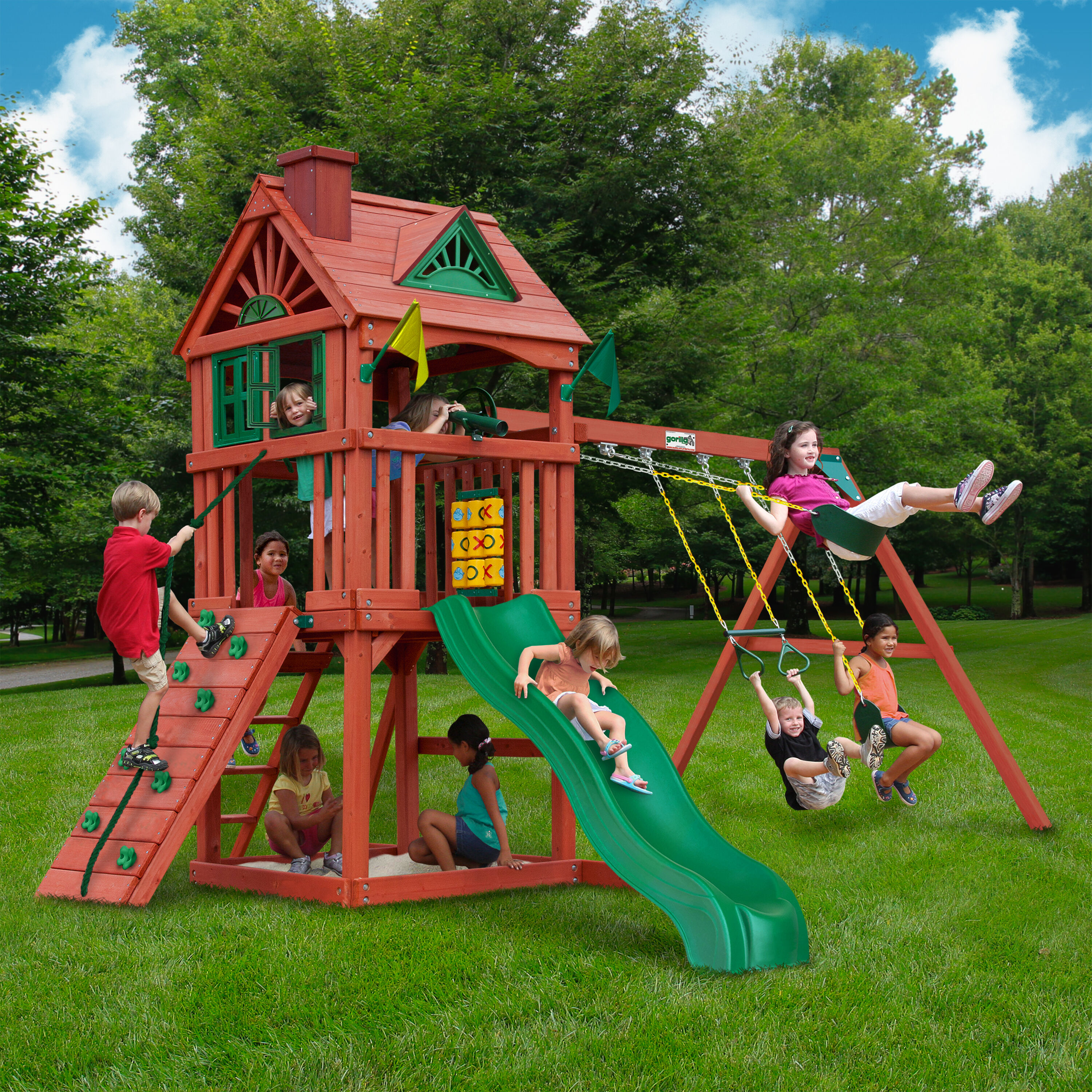 Gorilla Playsets 7220 Treetop Racer Residential Wood Playset with 3 Swings and Slide Included