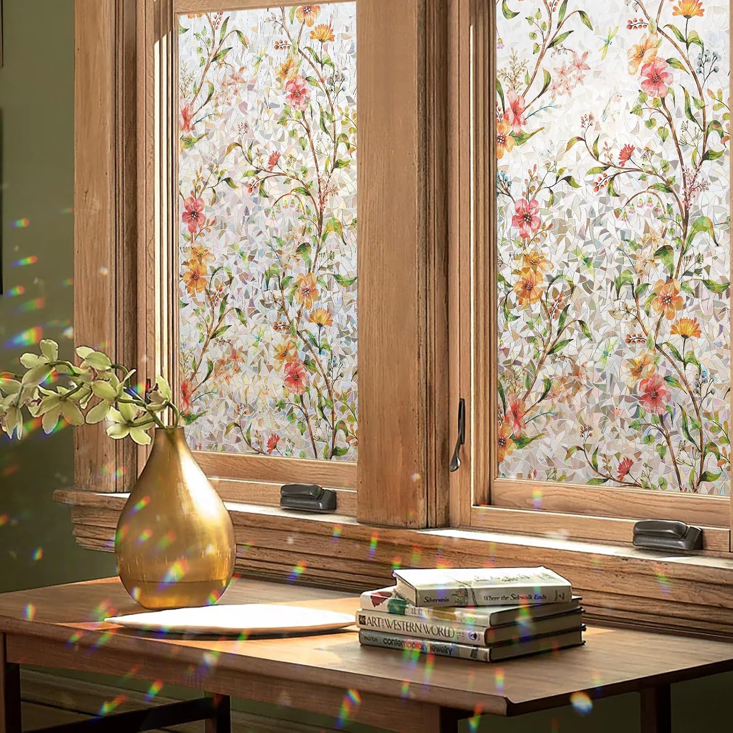 Kromapolis Floral Stained Glass Static Cling Window Film with Rainbow Light Effect Semi-Privacy Heat Control UV Protection Non-Adhesive Removable 17.5 in x 78.7 in