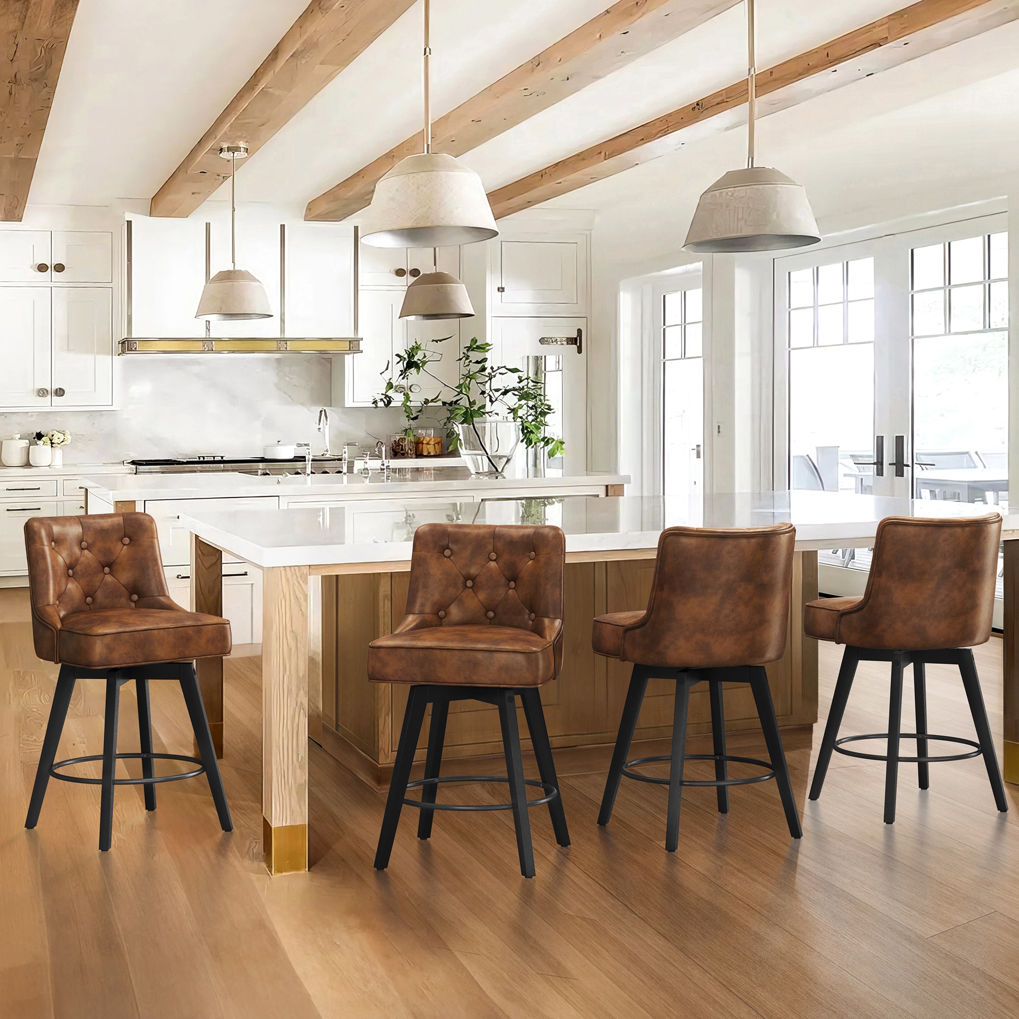 LUE BONA 4AYB-155-06LS Set of 4 Brown/Faux Leather 26-in H Counter height (24-in to 27-in) Square Seat Upholstered Swivel Wood Back Bar Stool Back