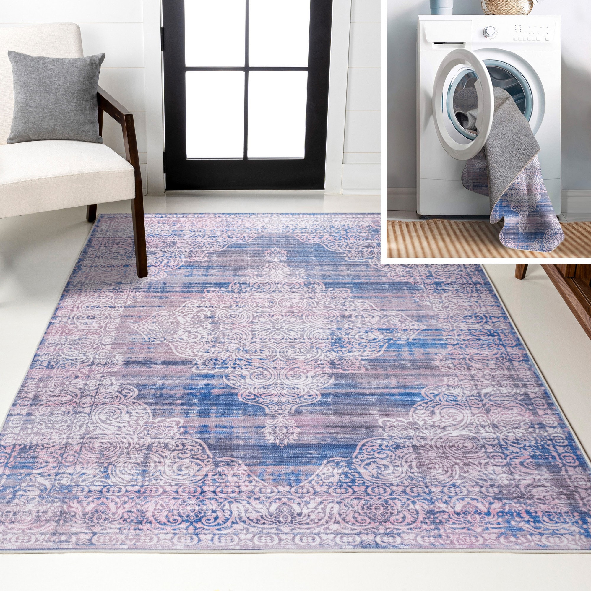 JONATHAN  Y WSH107A-3 WASHABLE Regis Bohemian 3 x 5 (ft) Loomed Blue Rectangular Indoor Border Farmhouse/Cottage Machine washable Pet Friendly Area rug